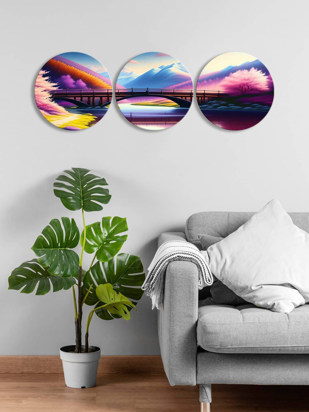 

999Store Purple & Blue 3 Pieces Round Painting Wall Arts