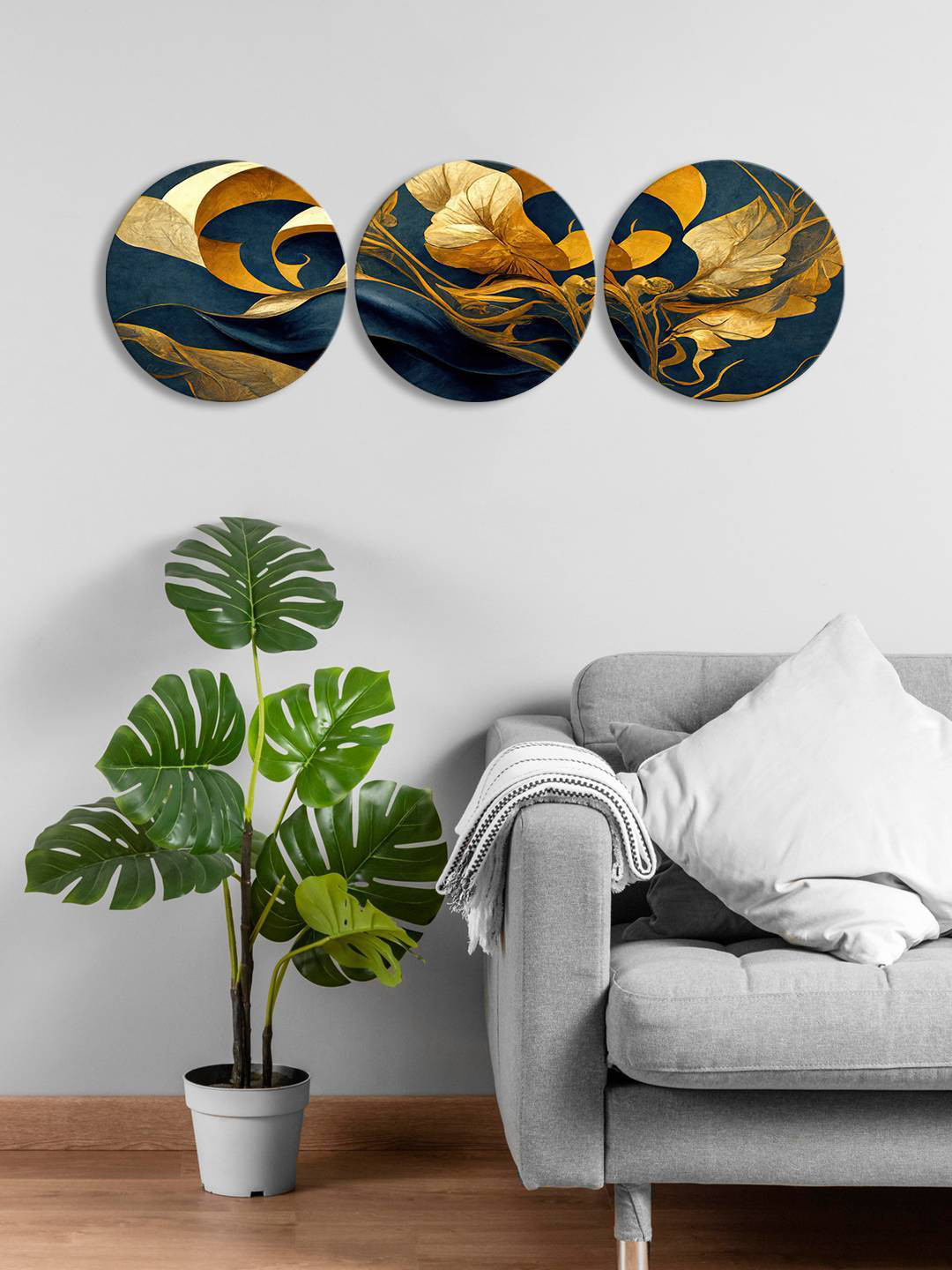 

999Store Blue & Yellow 3 Pieces Floral Round Painting Wall Art