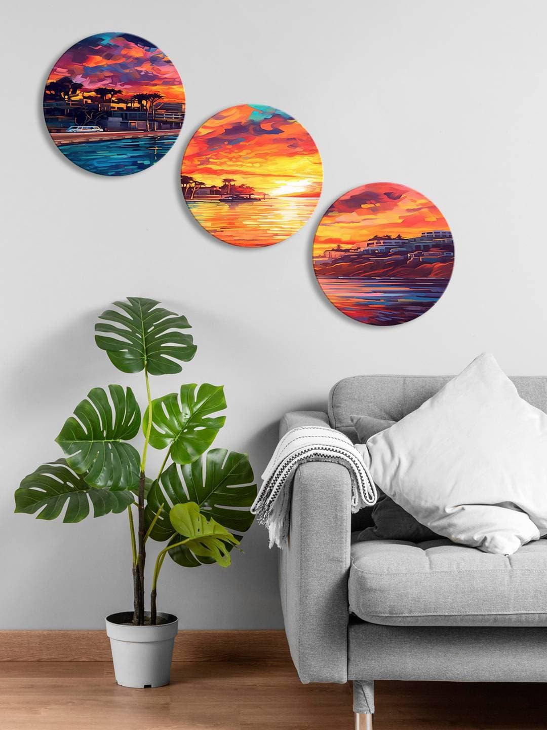 

999Store Orange Colored & Blue 3-Pieces City View Sunset Printed Framed Wall Art