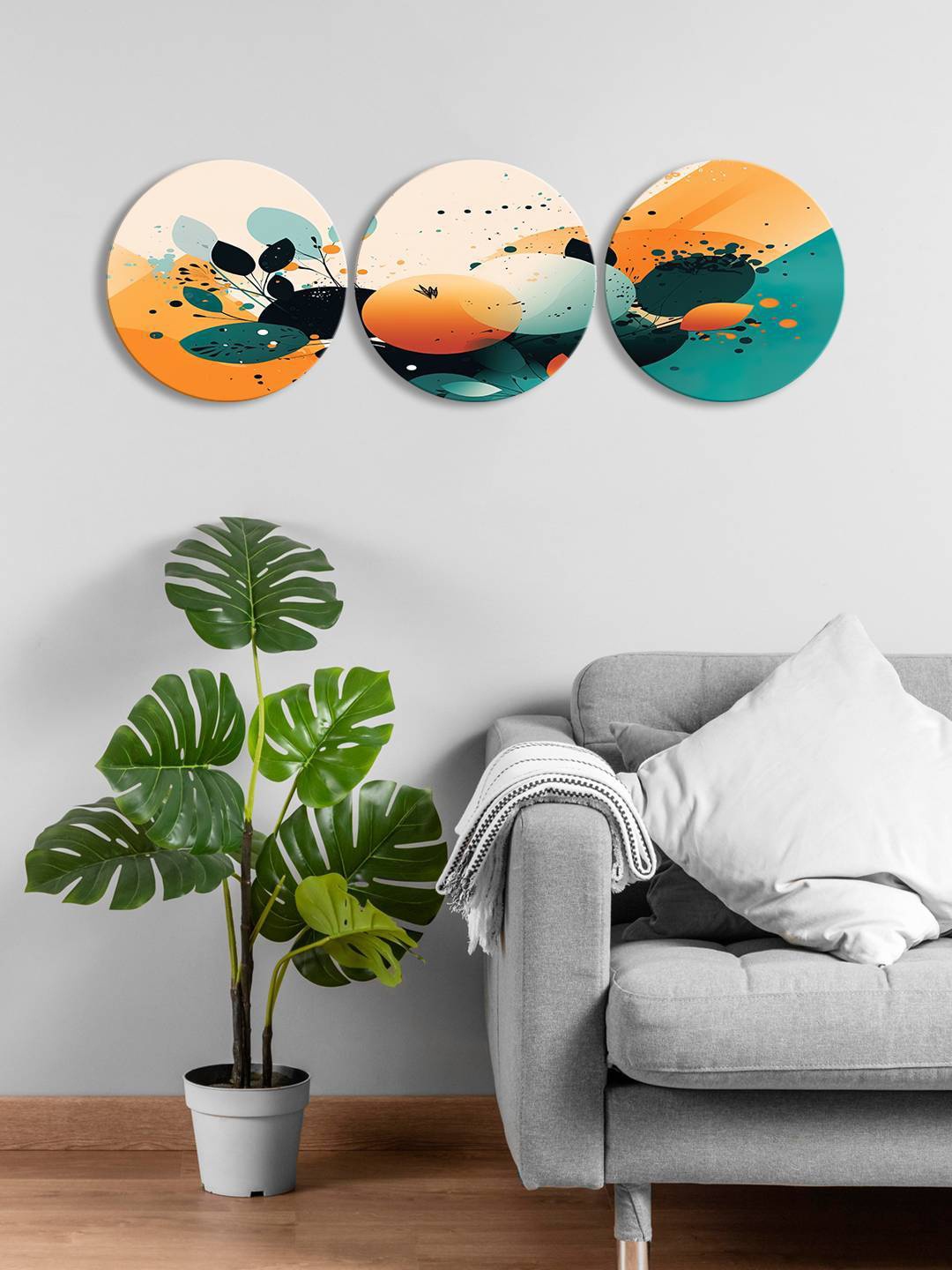 

999Store Orange & Green 3 Pieces Round Painting Wall Arts