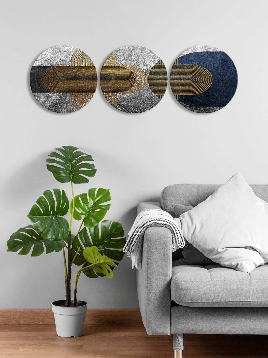 

999Store Grey & Blue 3 Pieces Round Painting Wall Arts