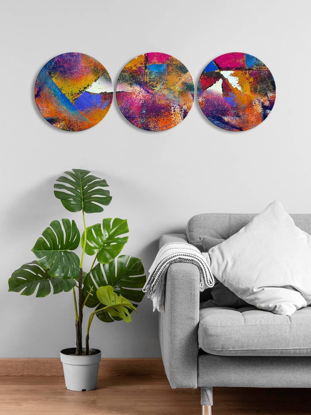 

999Store Yellow & Blue 3 Pieces Round Painting Wall Arts