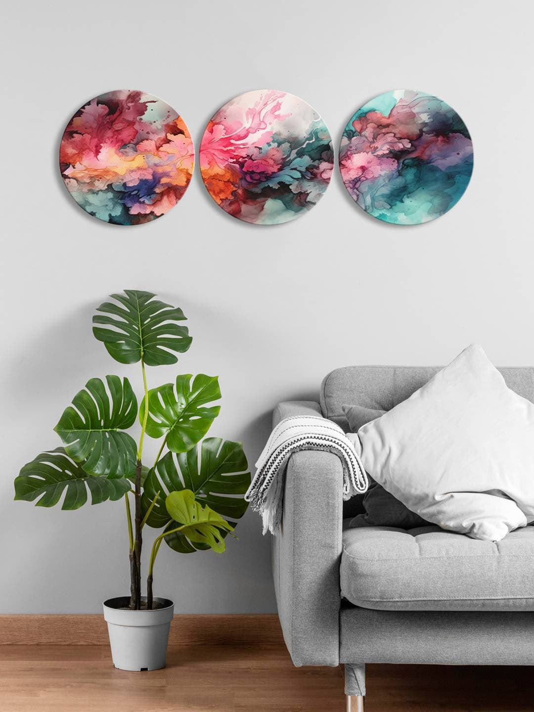 

999Store Pink & Green 3 Pieces Abstract Round Painting Wall Art