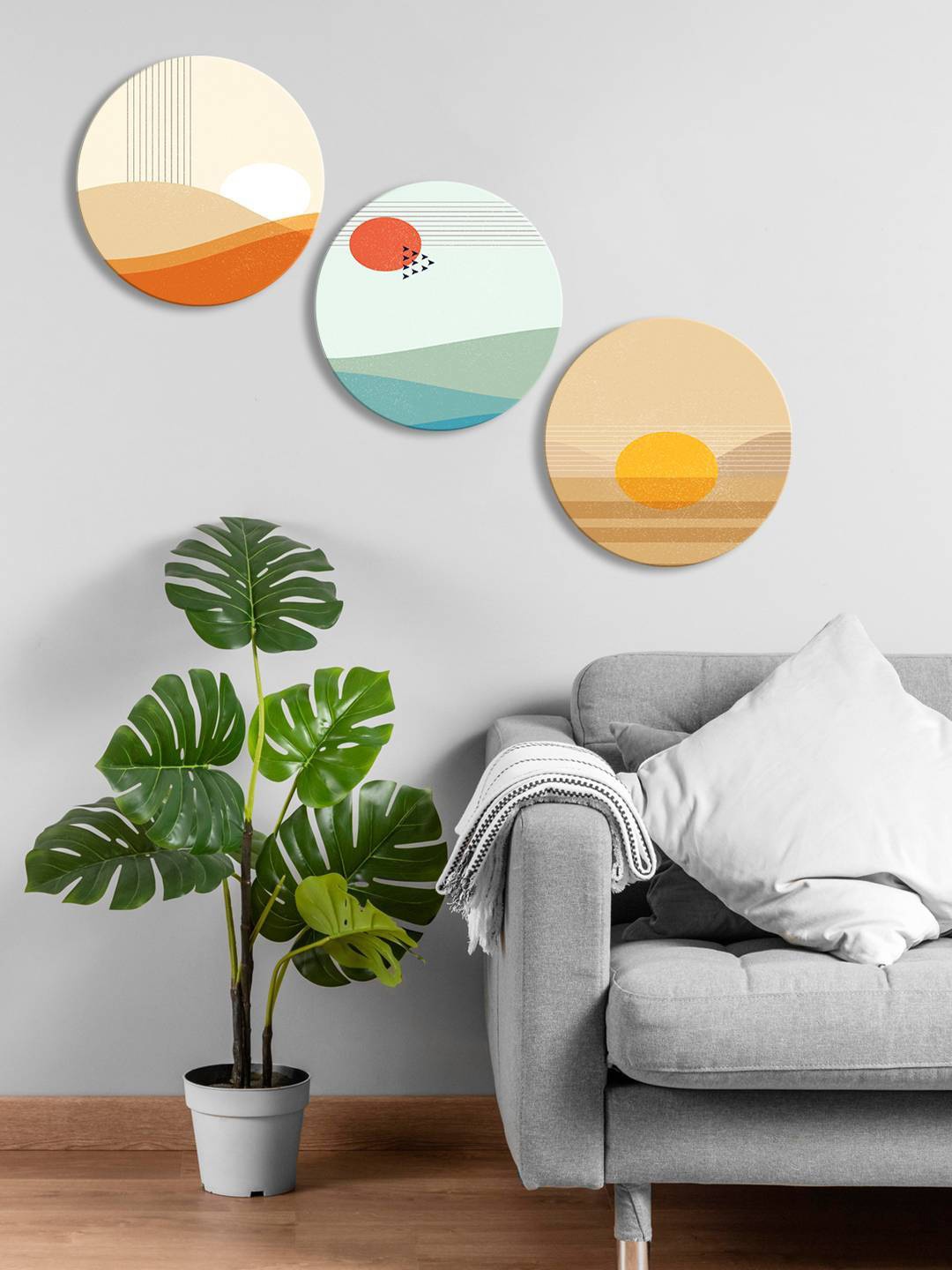 

999Store Brown & Blue 3 Pieces Round Painting Wall Arts