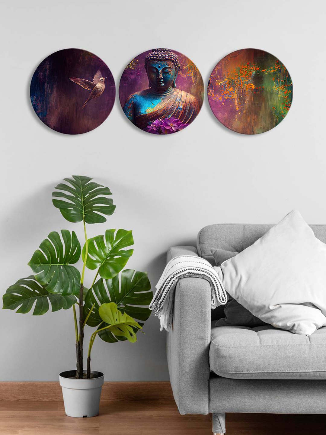 

999Store Brown & Purple 3 Pieces Round Painting Wall Arts