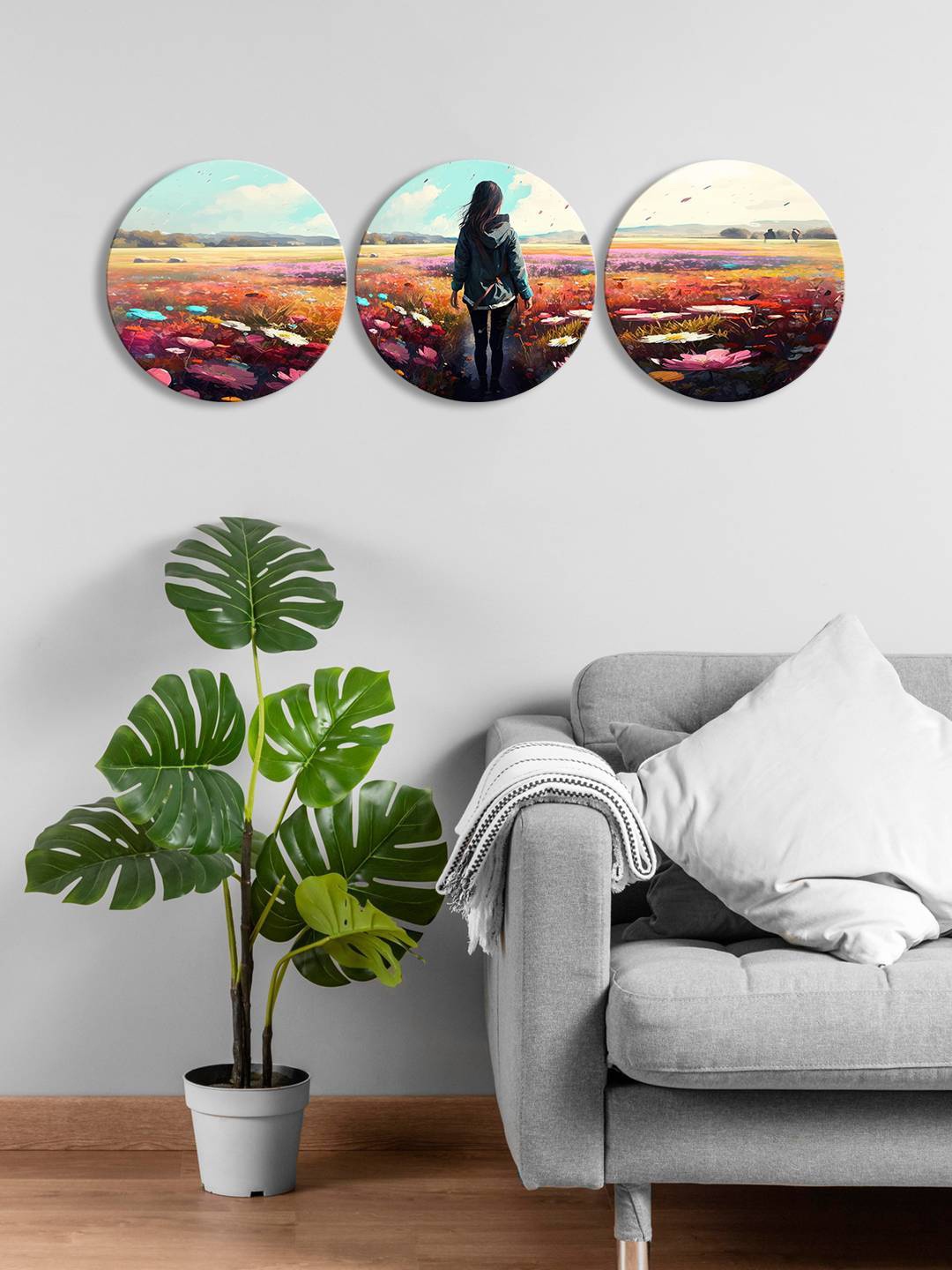 

999Store 3 Pieces Blue & Brown Round Women In Garden Painting Wall Art
