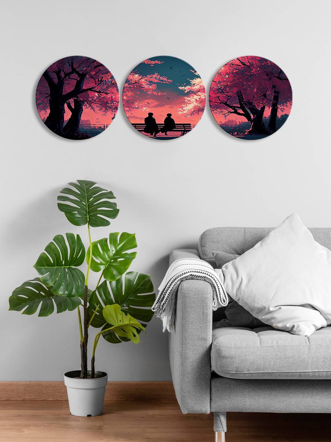 

999Store 3 Pieces Pink & Black Round Painting Wall Art