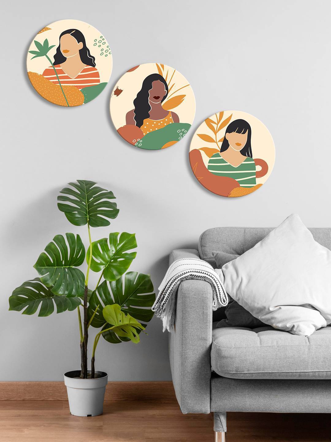 

999Store 3 Pieces Brown & Beige Round Women Painting Wall Art