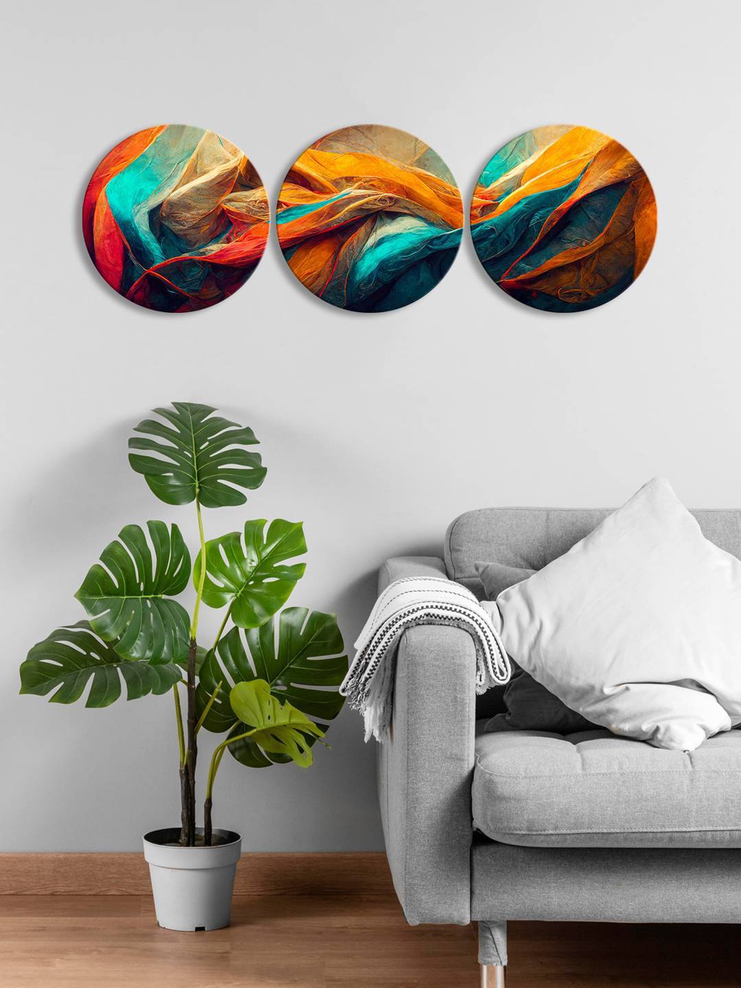 

999Store Orange & Blue 3 Pieces Round Painting Wall Arts