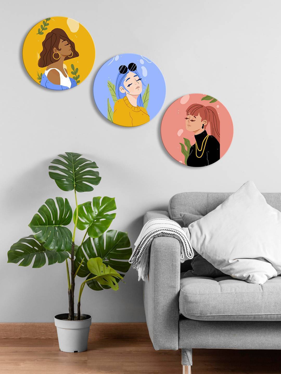 

999Store Yellow & Lavender 3 Pieces Round Painting Wall Art