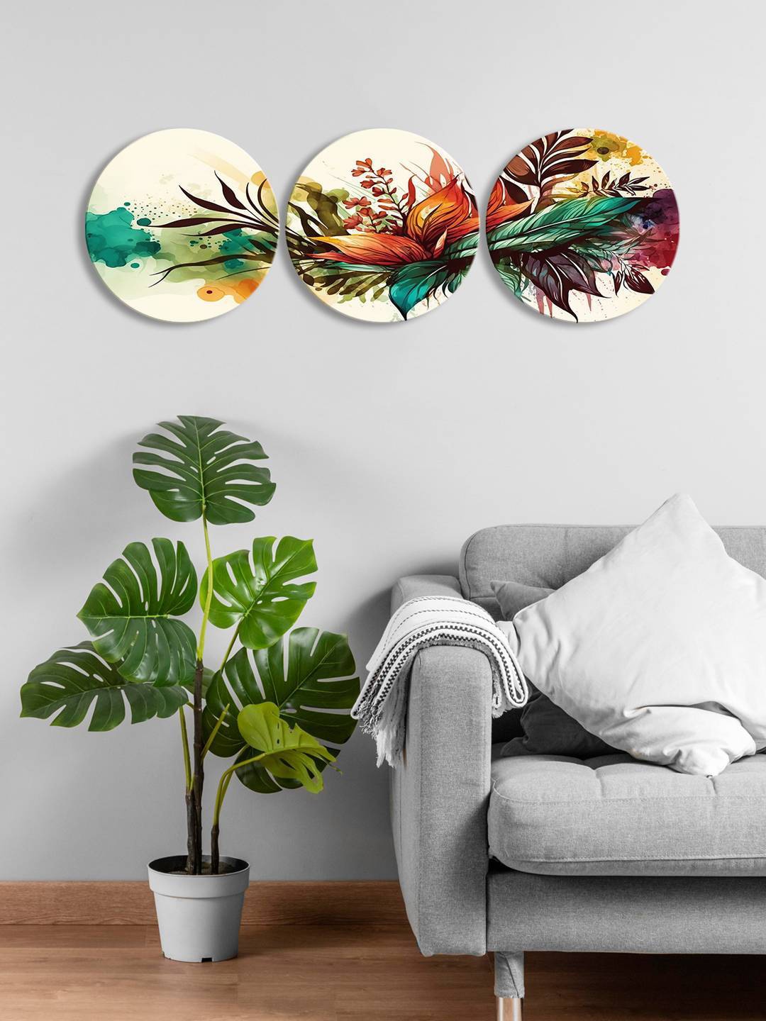 

999Store Cream Colored & Brown 3-Pieces Flower With Leaf Printed Framed Wall Art