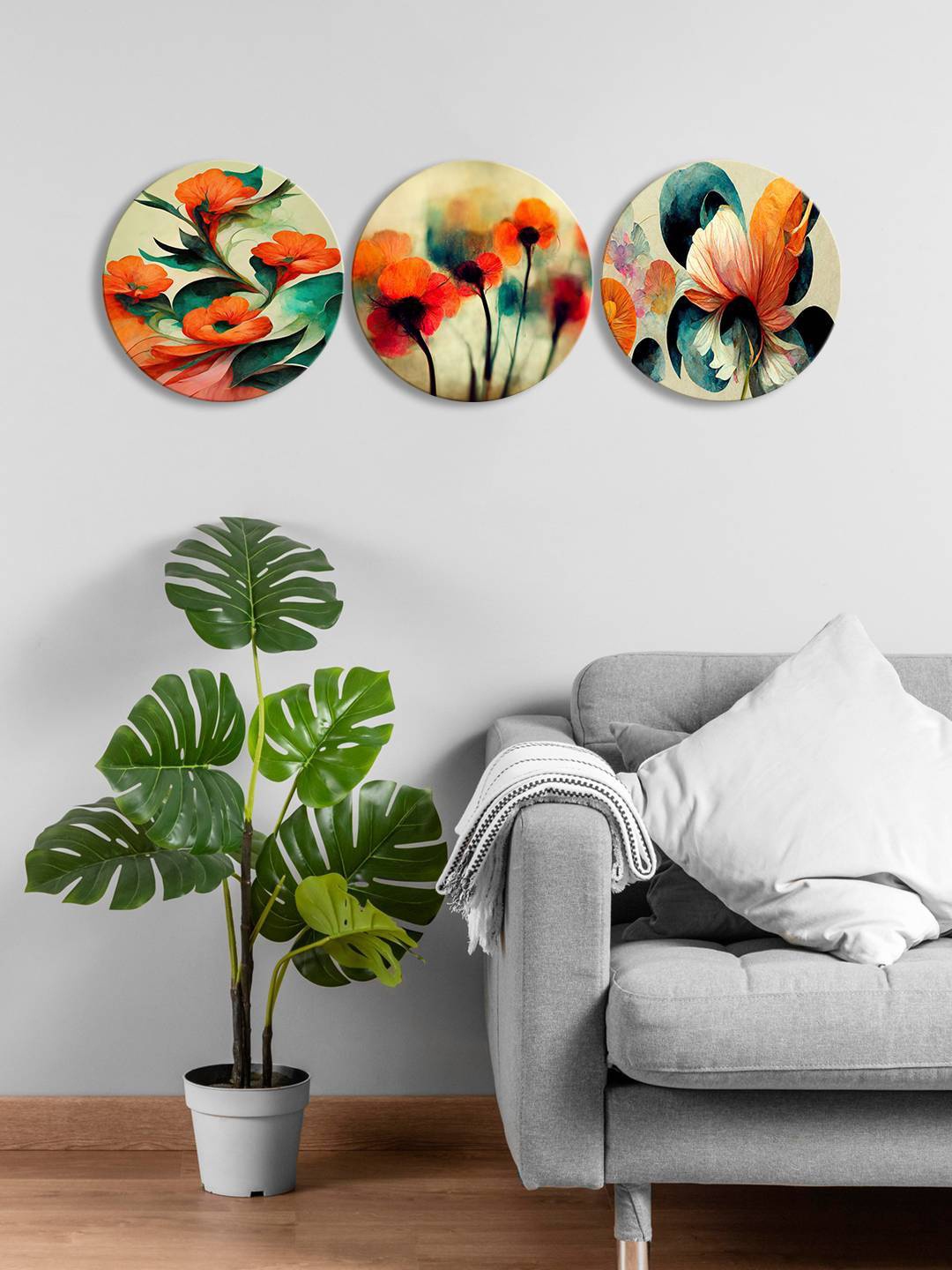 

999Store 3 Pieces Orange & Green Round Floral Painting Wall Art