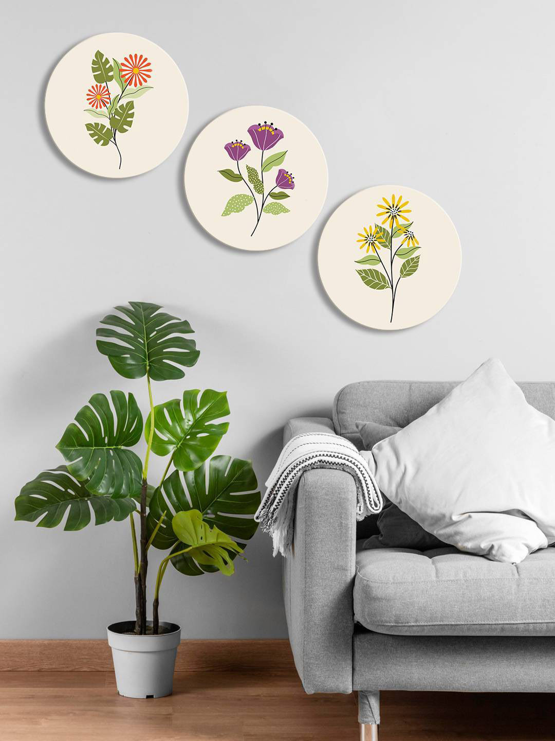 

999Store Beige & Green 3 Pieces 3 Pcs Round Painting Wall ArtRound Painting Wall Arts