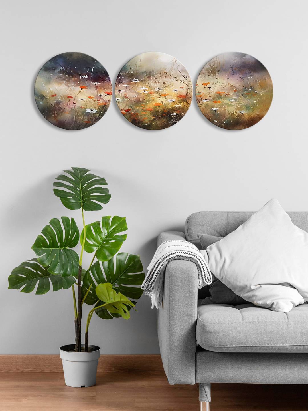 

999Store Grey & Green 3 Pieces Flower Round Painting Wall Art
