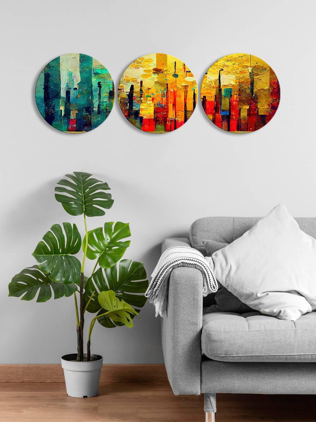

999Store Yellow & Blue 3 Pieces Abstract Round Painting Wall Art
