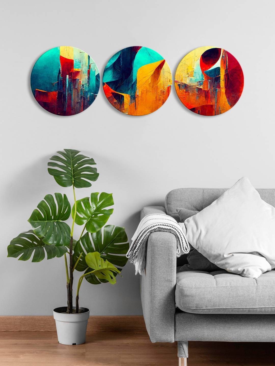 

999Store Blue & Yellow 3 Pieces Round Painting Wall Arts