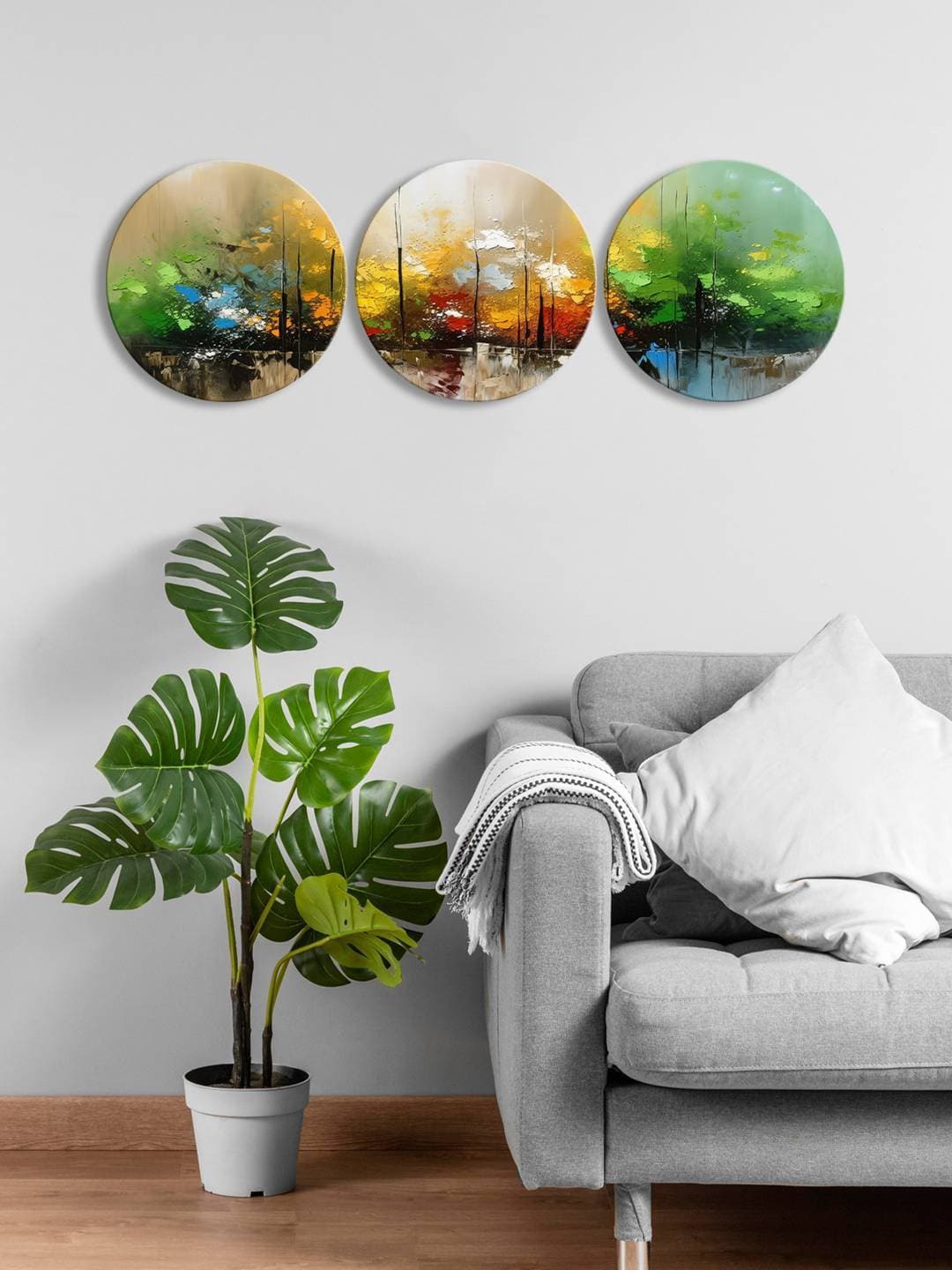 

999Store Green & Yellow 3 Pieces Abstract Round Painting Wall Art