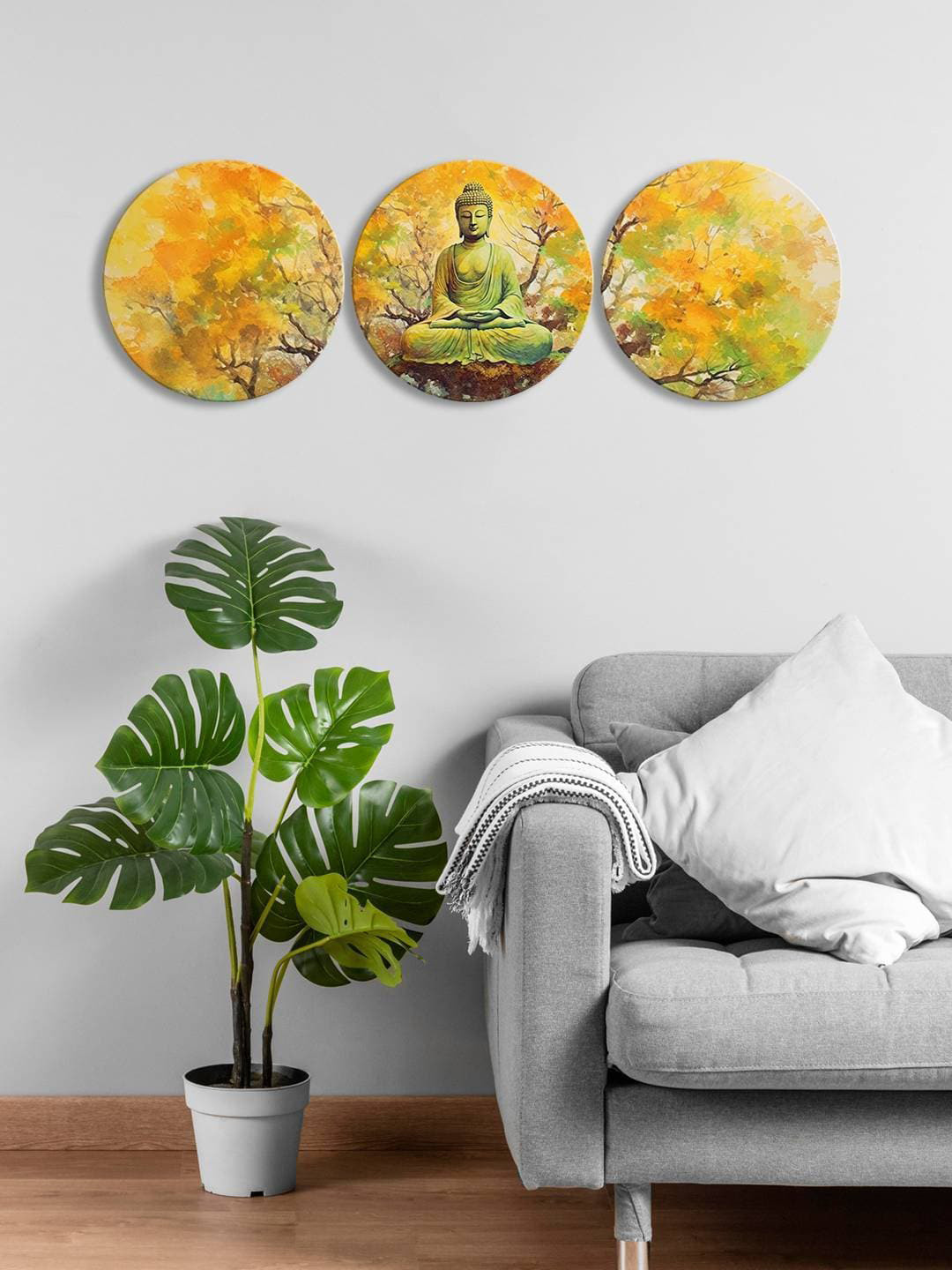 

999Store Yellow & Green 3 Pieces Round Painting Wall Arts