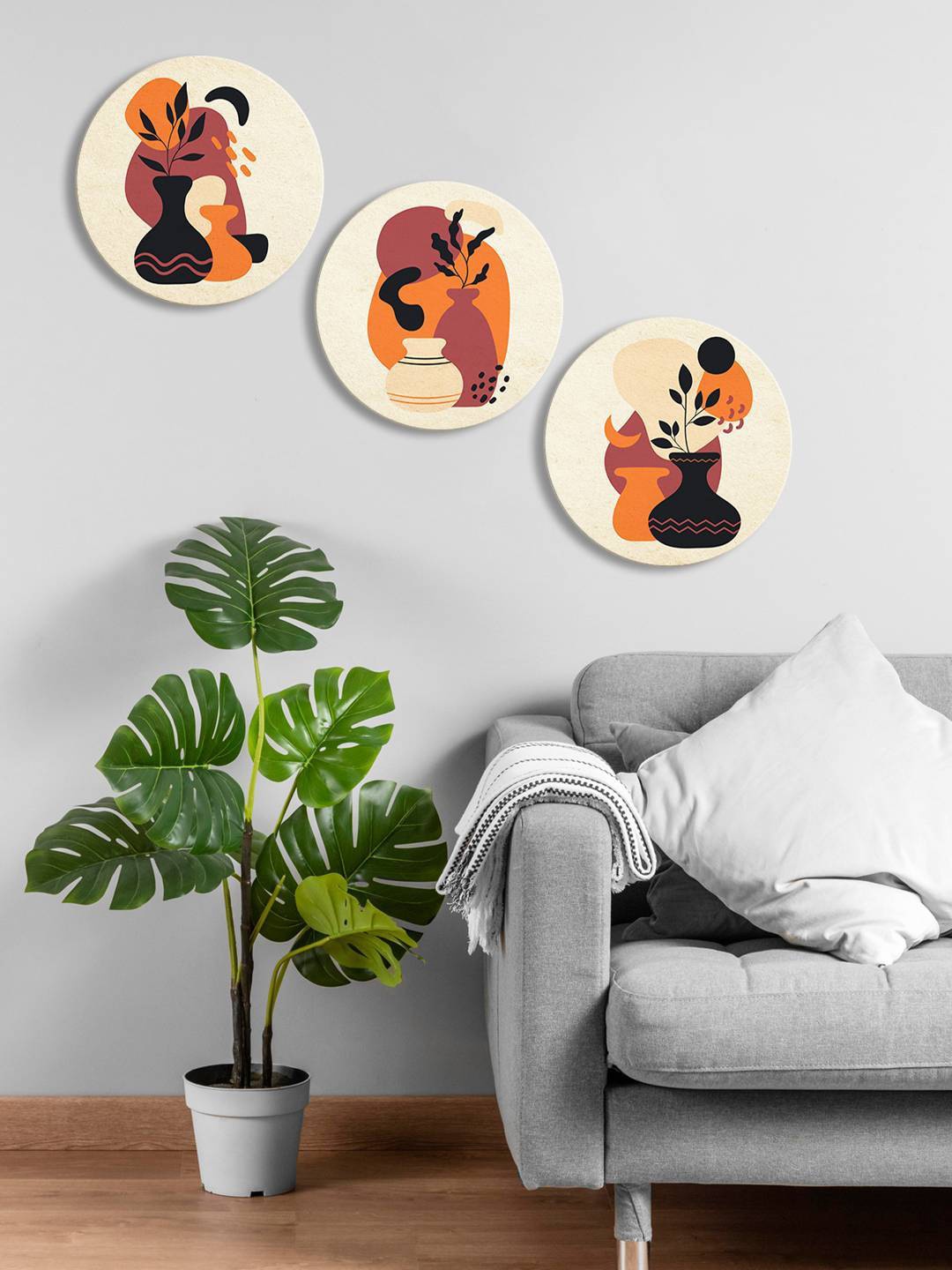 

999Store Brown 3 Pieces Botanical Black Leaf Printed UV Coating Wall Arts