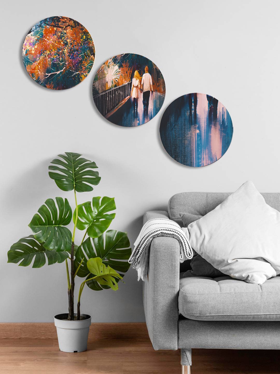 

999Store 3 Pieces Blue & Brown Round Painting Wall Art