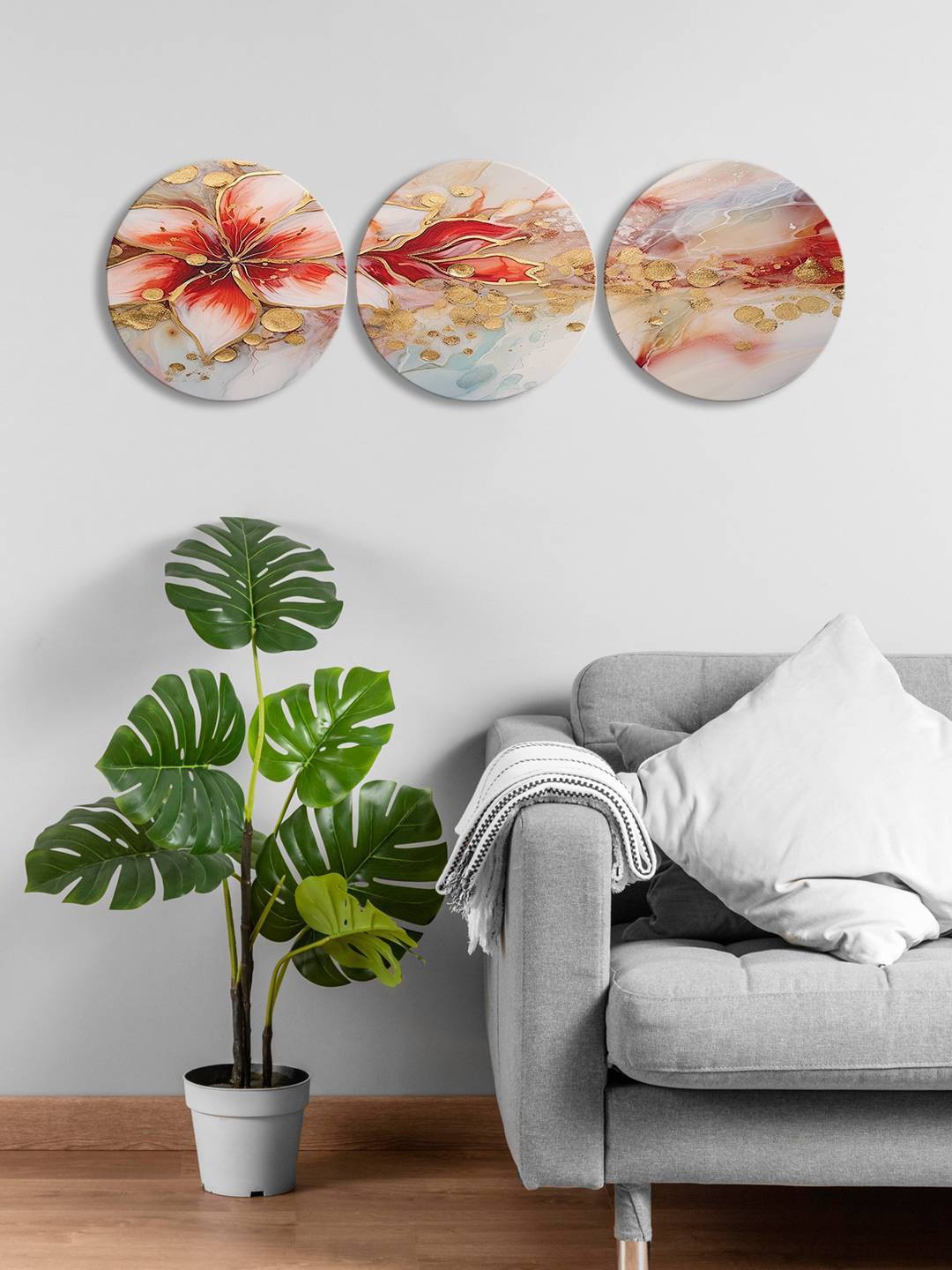 

999Store Grey & Yellow 3 Pieces Flower Round Painting Wall Art