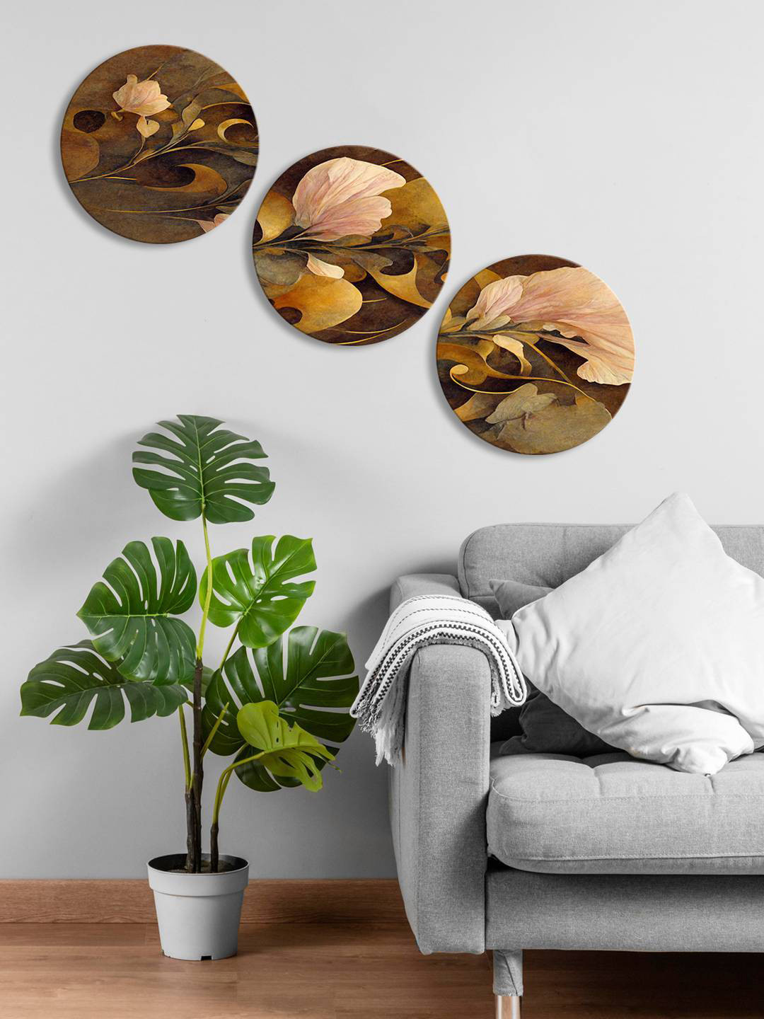 

999Store Brown & Yellow 3 Pieces Round Painting Wall Art