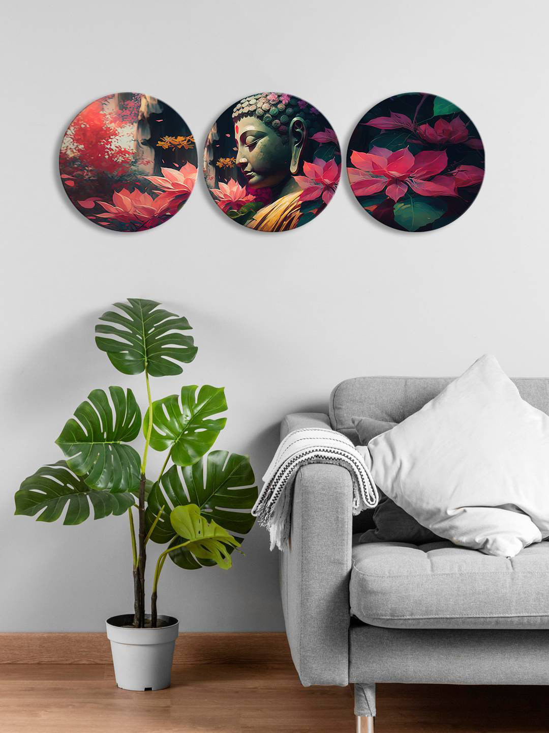 

999Store Pink & Green 3 Pieces Lord Buddha With Lotus Flower Round Painting Wall Art