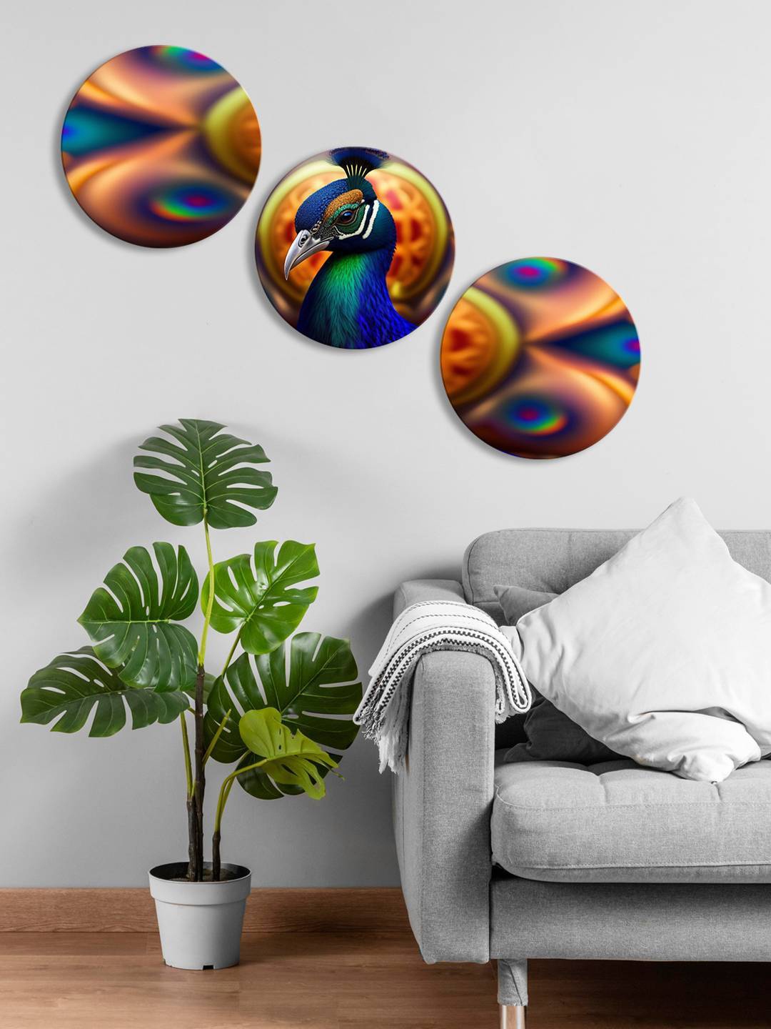 

999Store Orange & Blue 3 Pieces Round Painting Wall Arts