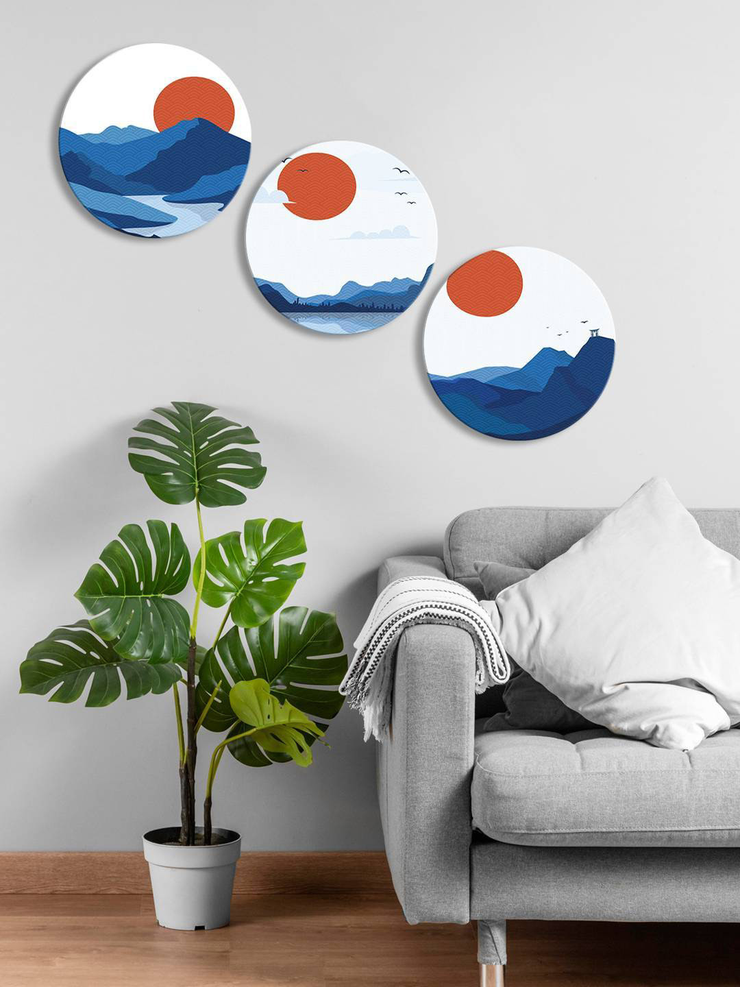 

999Store White & Blue 3 Pieces Round Painting Wall Arts