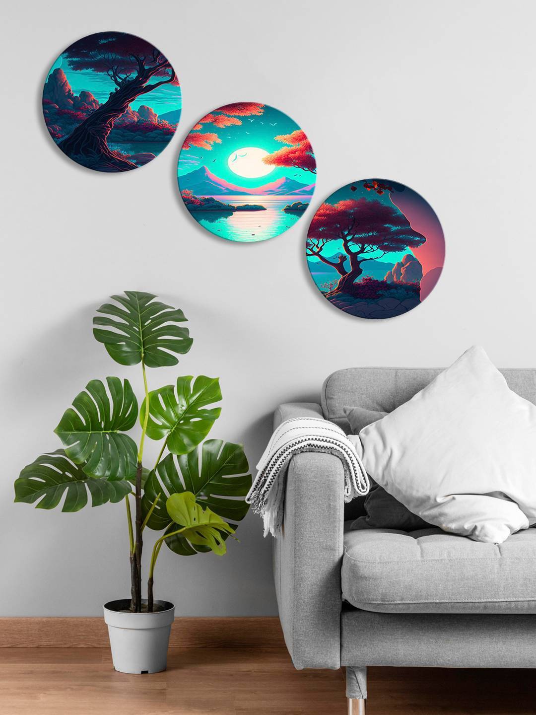 

999Store Blue & Brown 3 Pieces Round Painting Wall Art