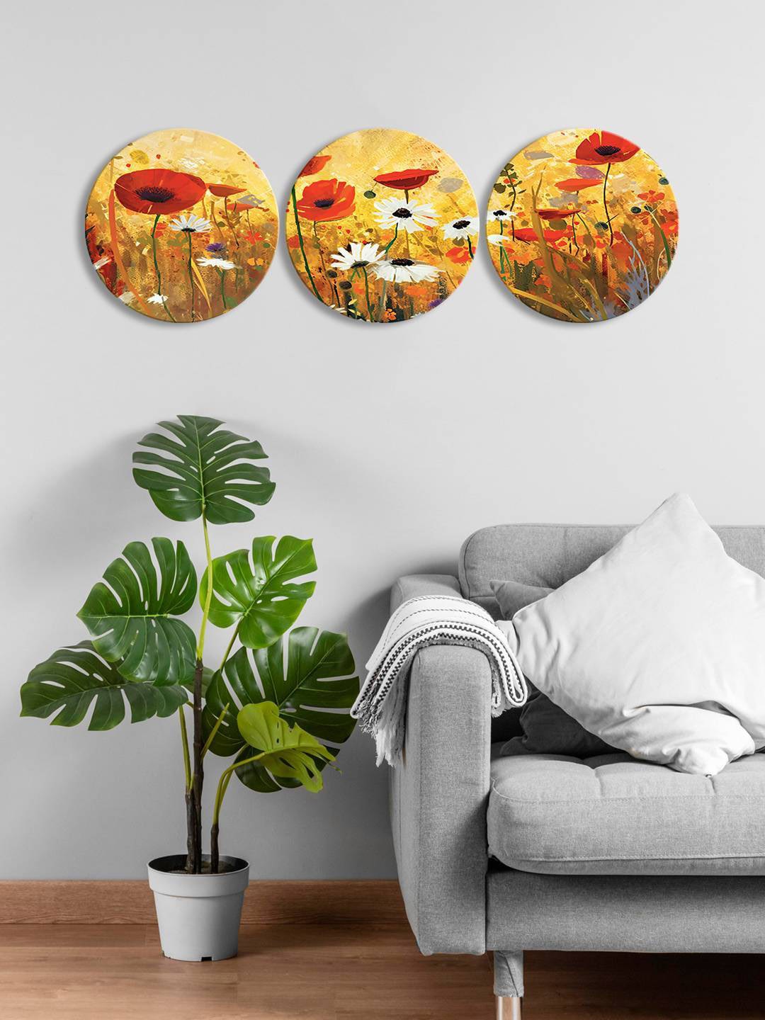 

999Store 3-Piece Yellow & Red Round Floral Painting Wall Art
