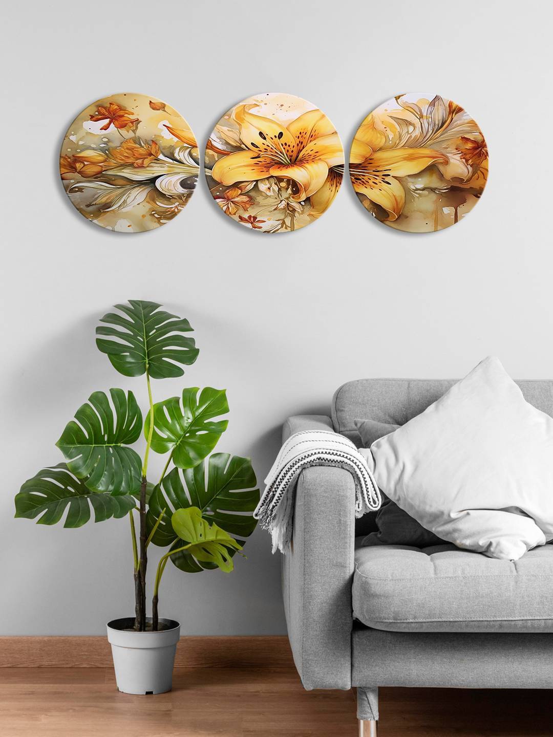 

999Store Yellow & Brown 3 Pieces Round Painting Wall Arts
