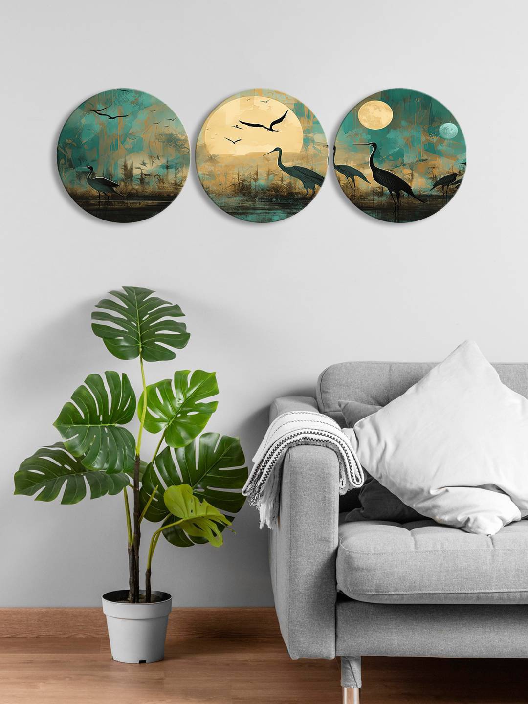 

999Store 3 Pieces Green & Beige Round Painting Wall Art