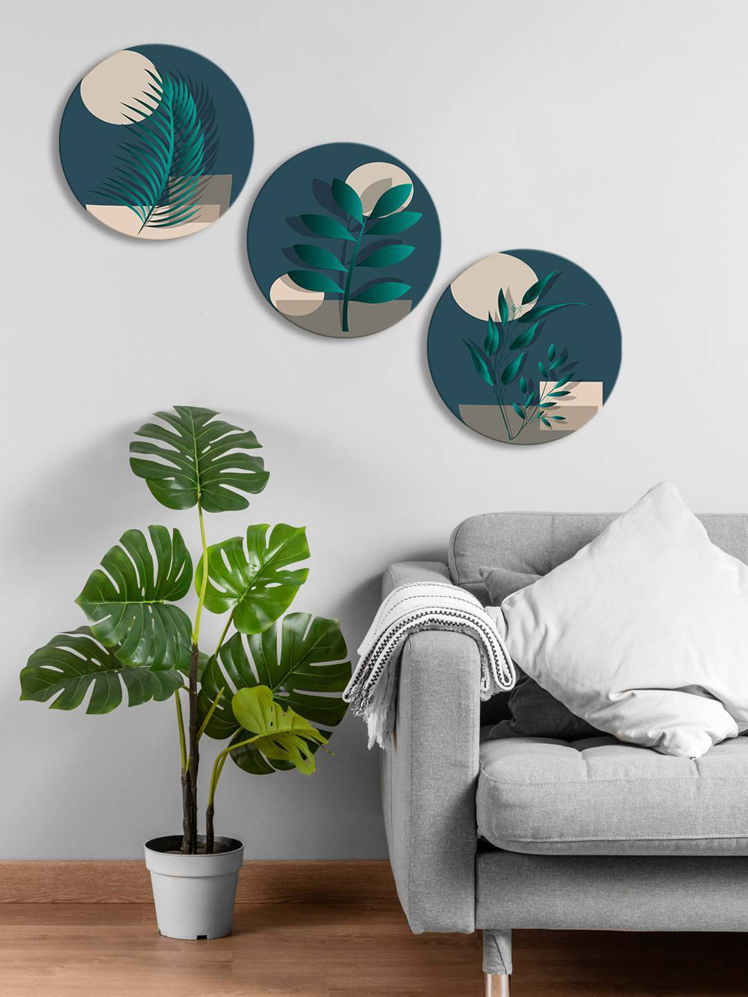 

999Store Teal Green & Beige 3-Pieces Leaf Printed Framed Wall Art