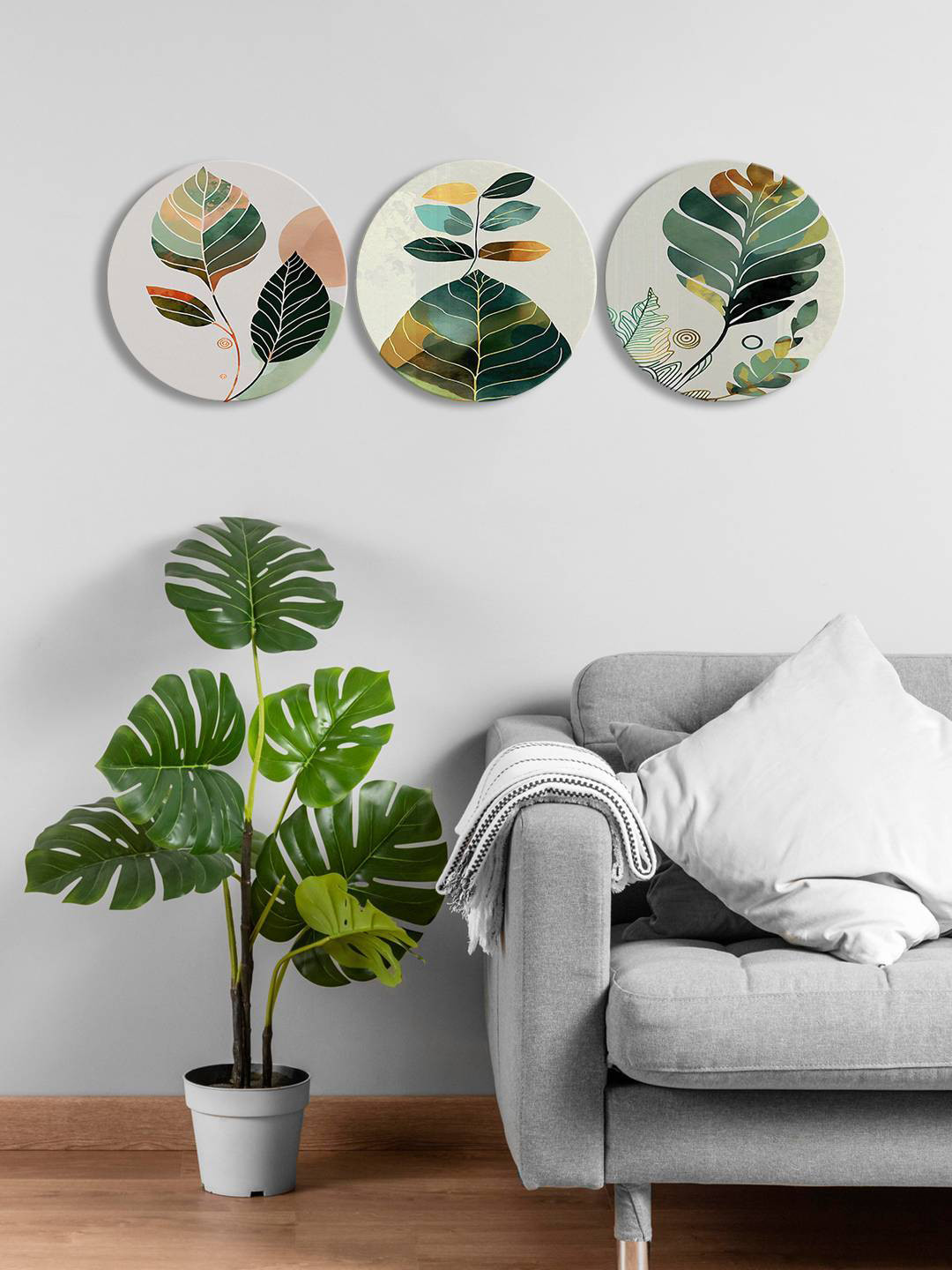 

999Store Grey & Green 3 Pieces Round Painting Wall Arts