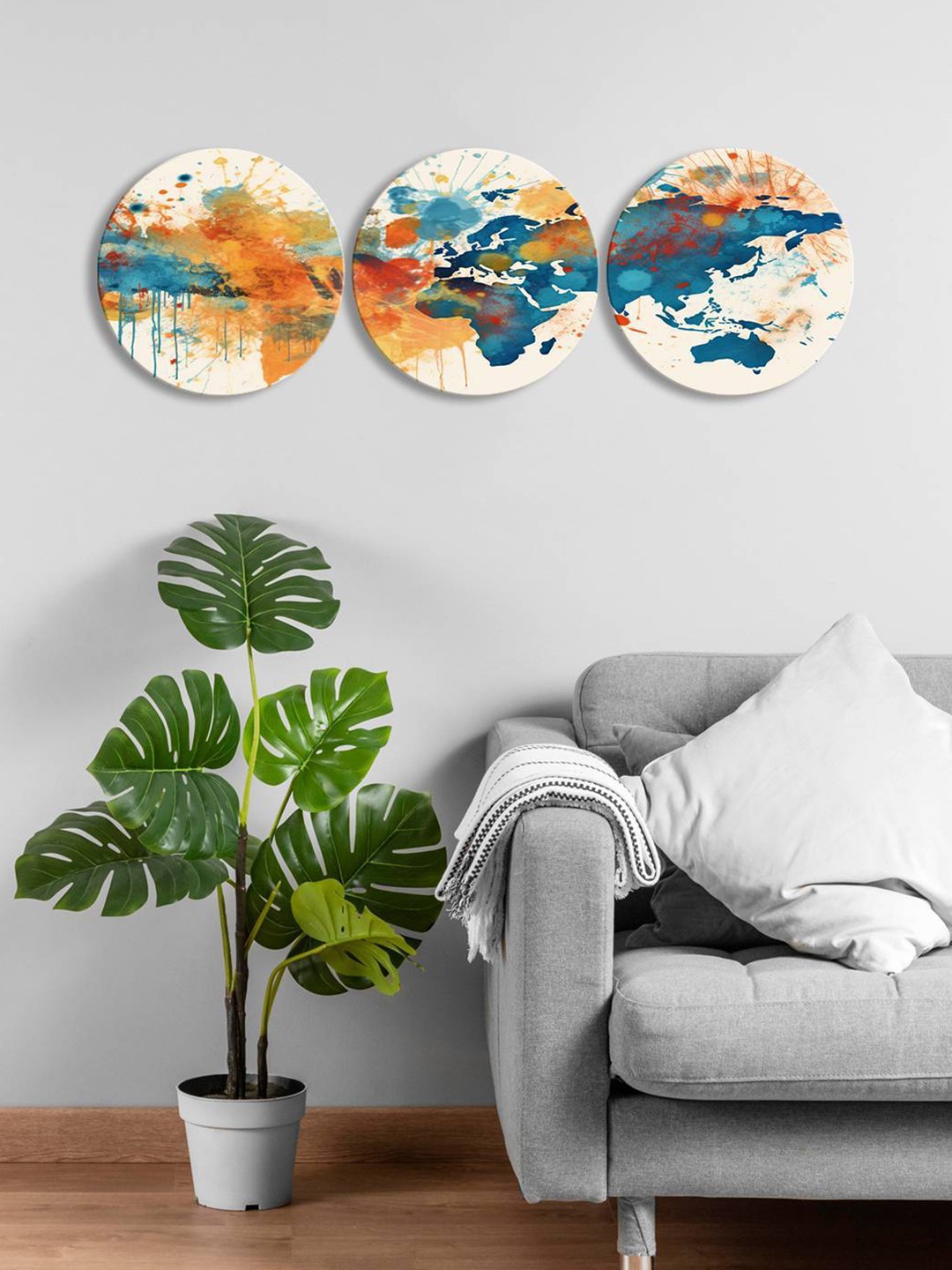 

999Store Beige & Blue 3 Pieces Round Painting Wall Arts