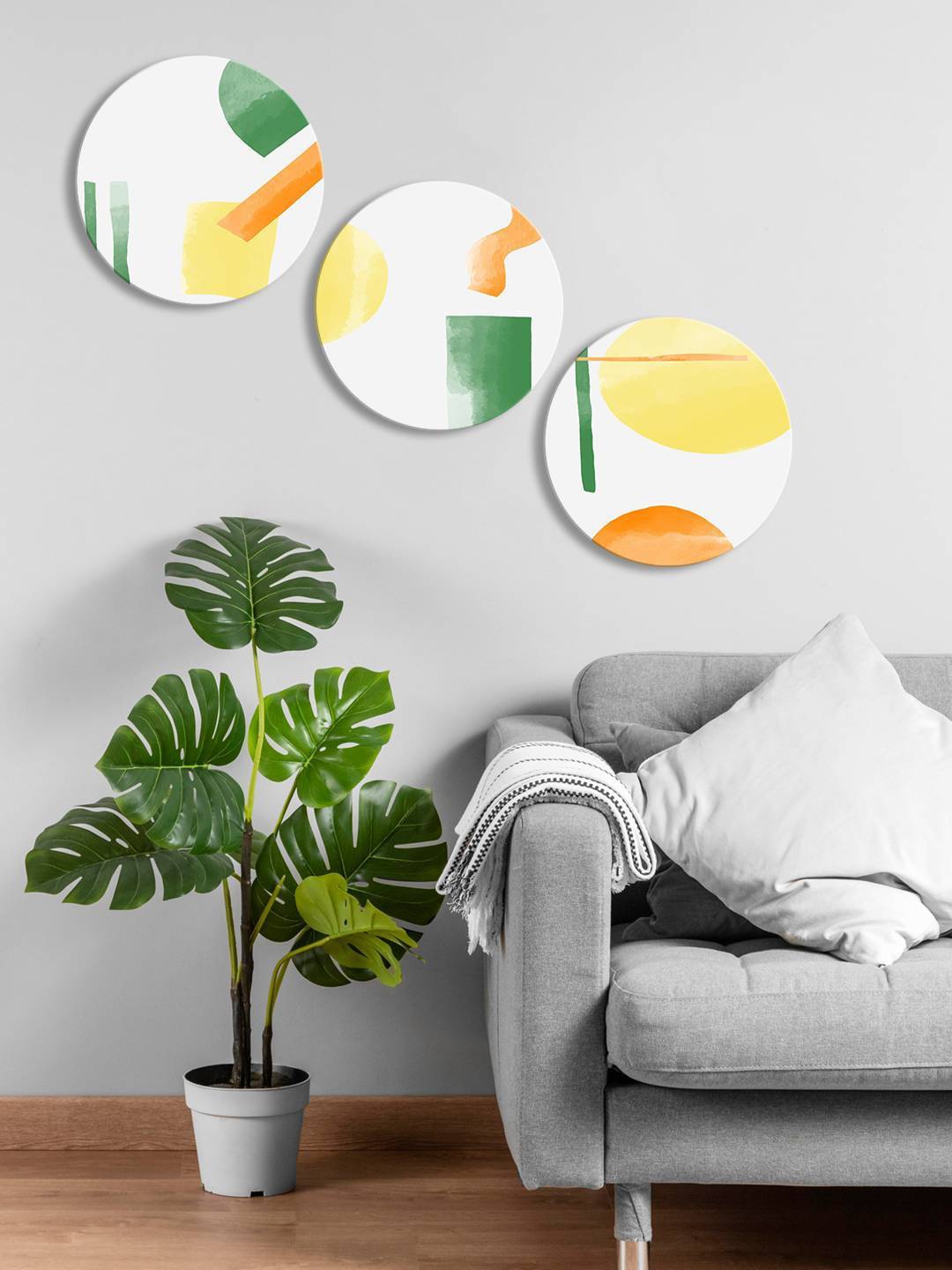 

999Store 3 Pieces White & Yellow Round Abstract Painting Wall Art