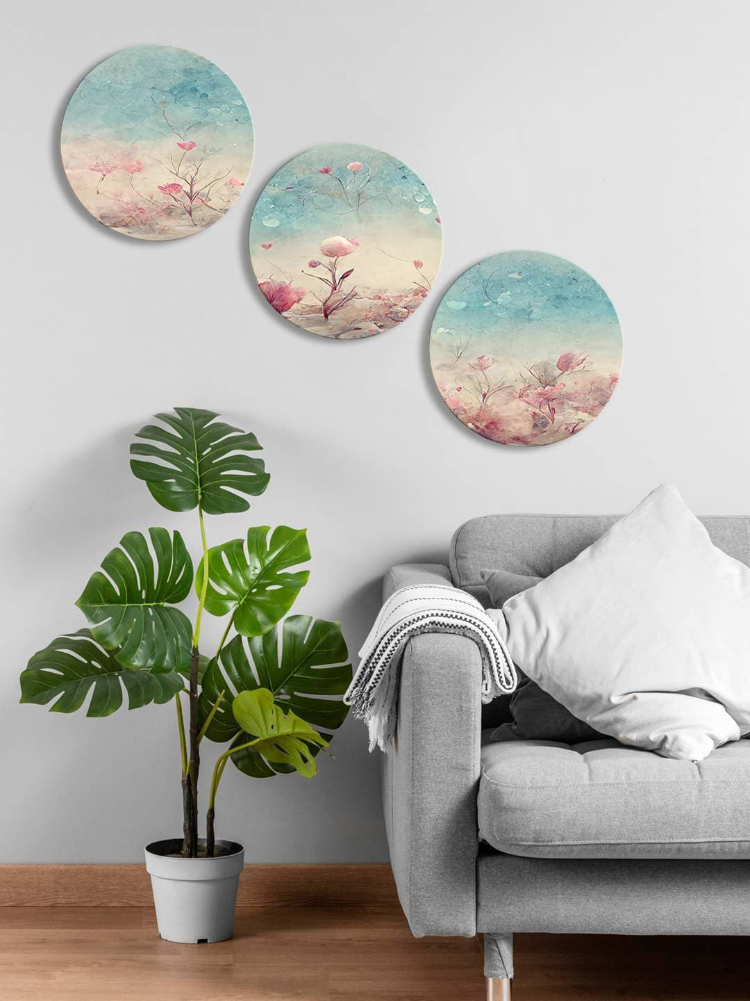 

999Store Blue & Beige 3 Pieces Round Painting Wall Arts