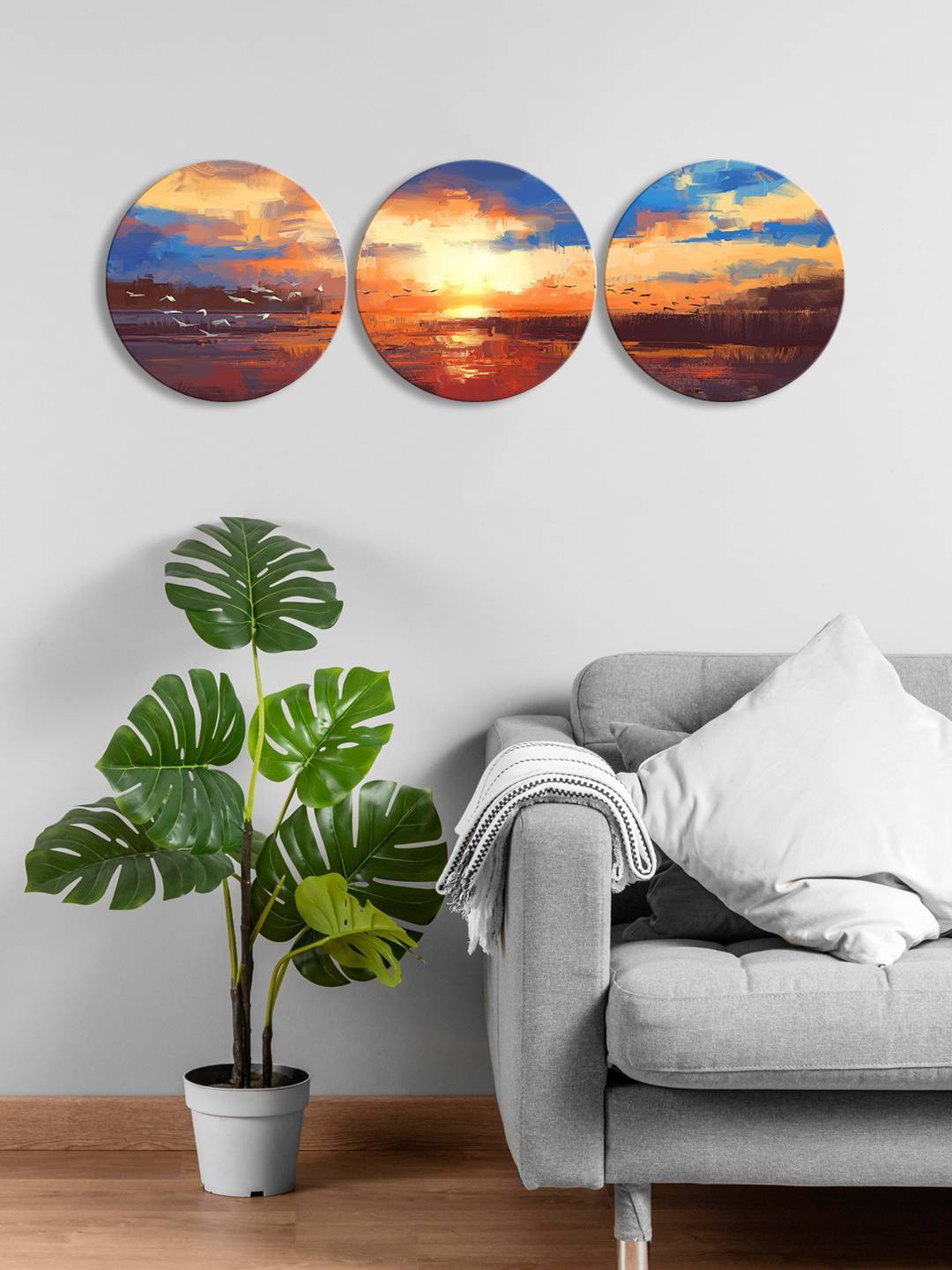 

999Store Brown & Blue 3 Pieces Round Painting Wall Art