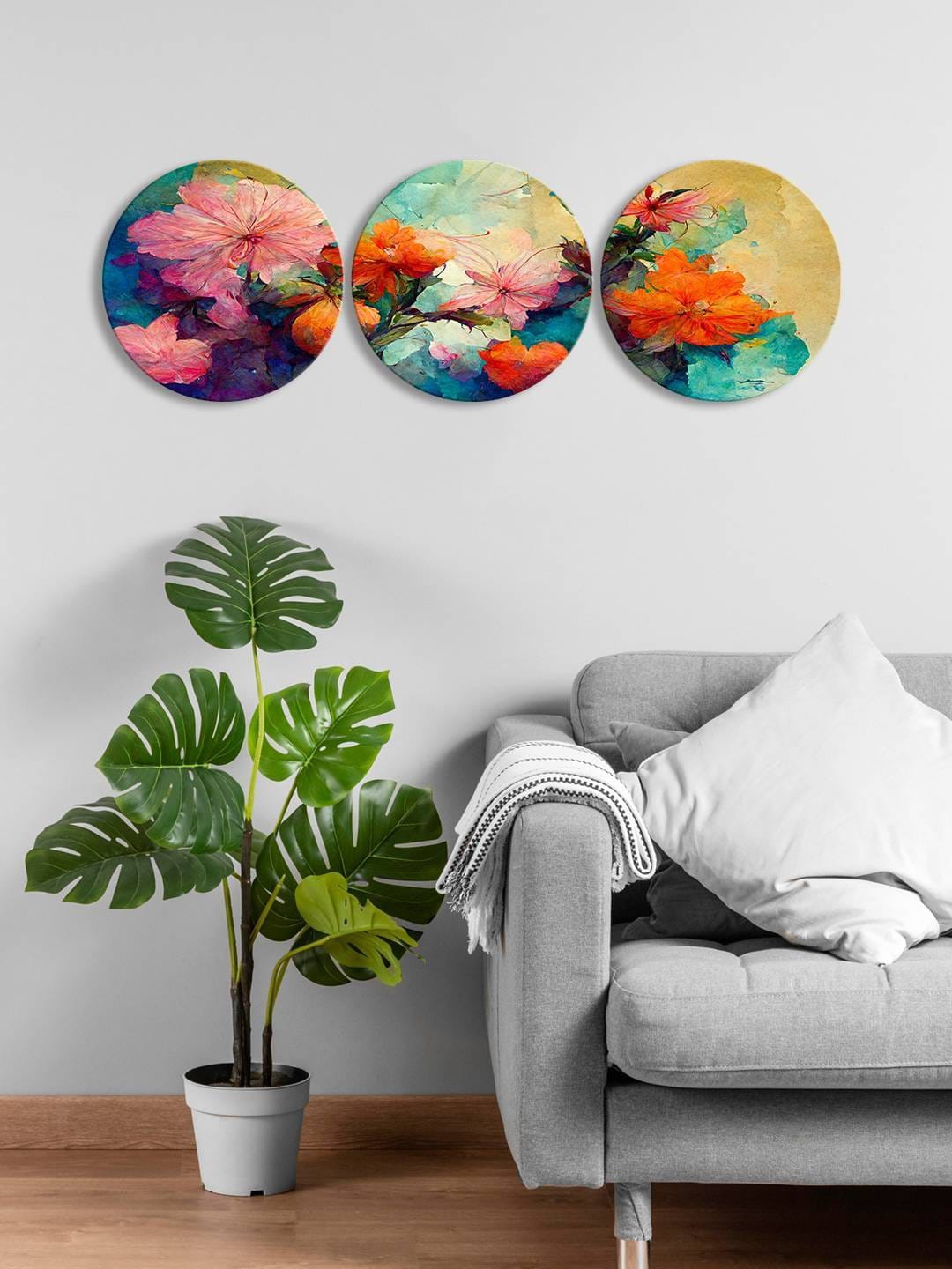 

999Store Green & Brown 3-Pieces Flower Printed Framed Wall Art
