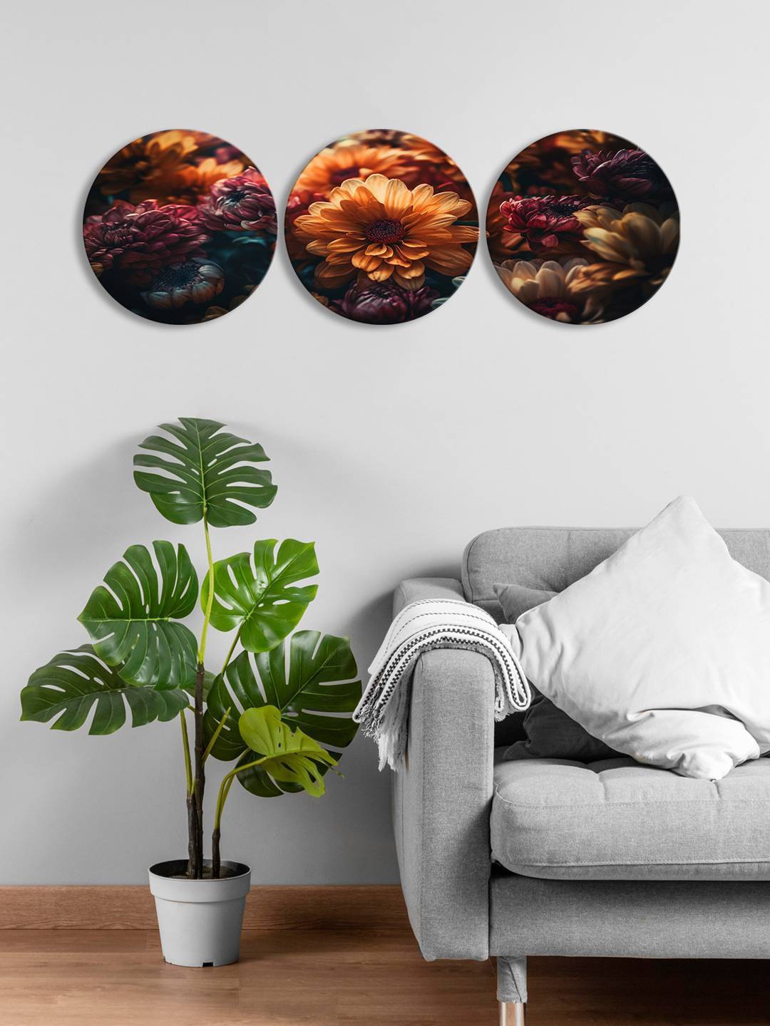 

999Store Brown & Black 3 Pieces Flower Round Painting Wall Art