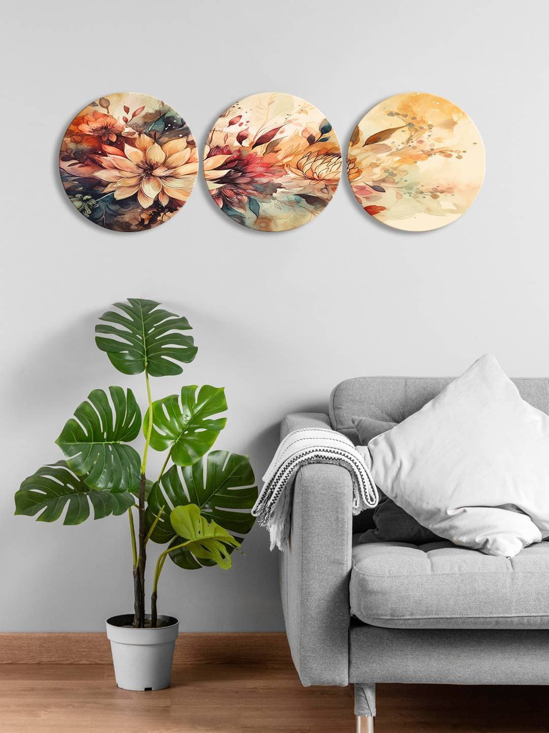 

999Store Brown & Grey 3 Pieces Round Painting Wall Art