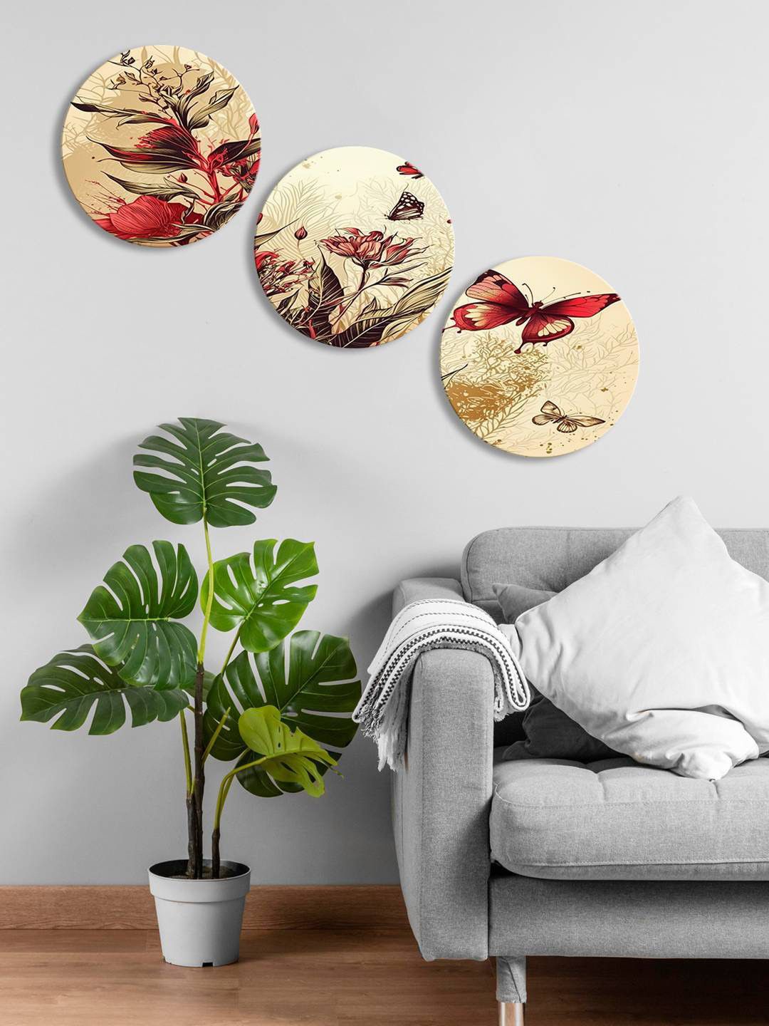

999Store 3 Pieces Beige & Red Round Flower With Flying Butterfly Painting Wall Art
