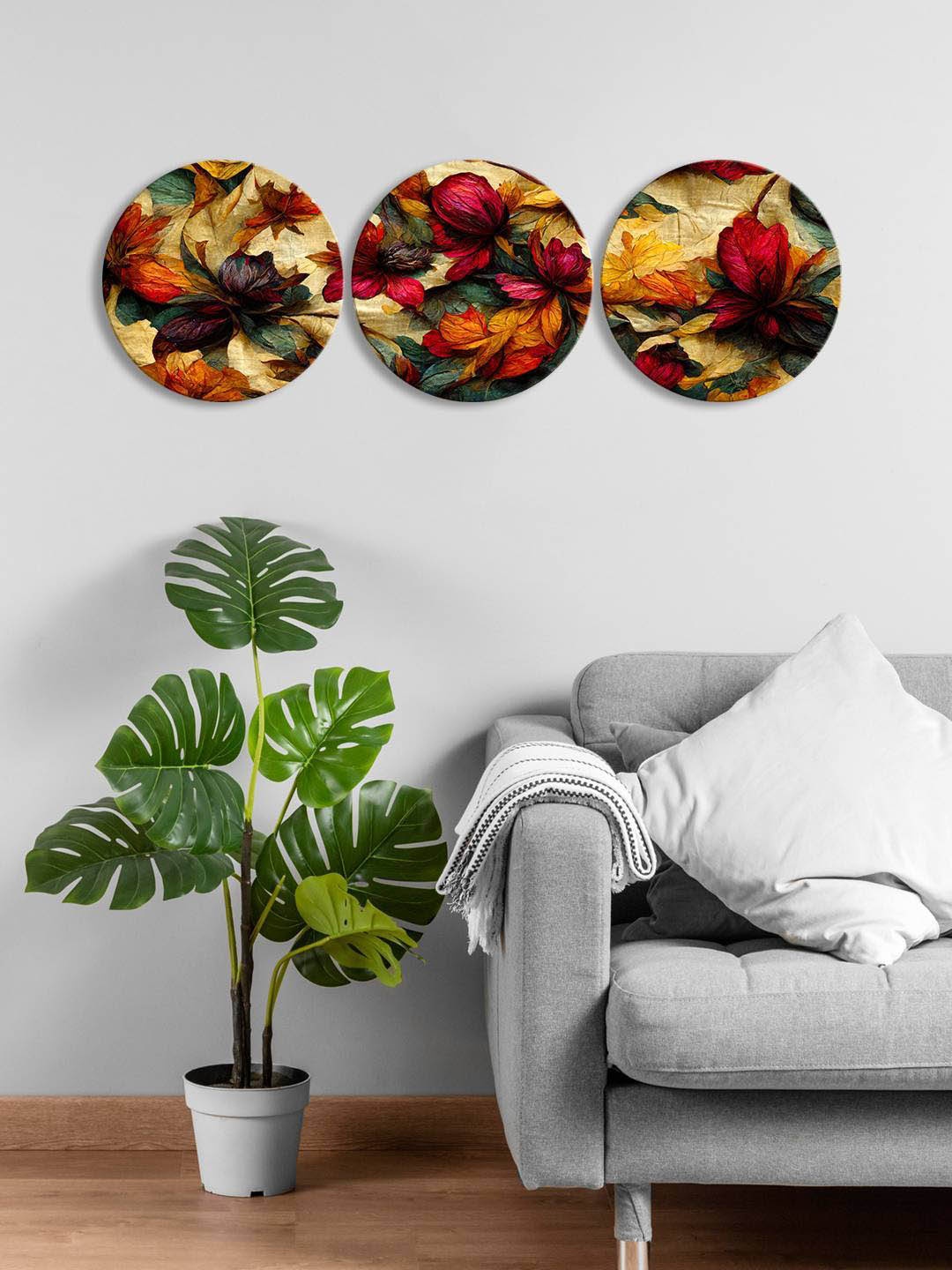 

999Store Brown & Red 3-Pieces Flower Leaf Printed Framed Wall Art