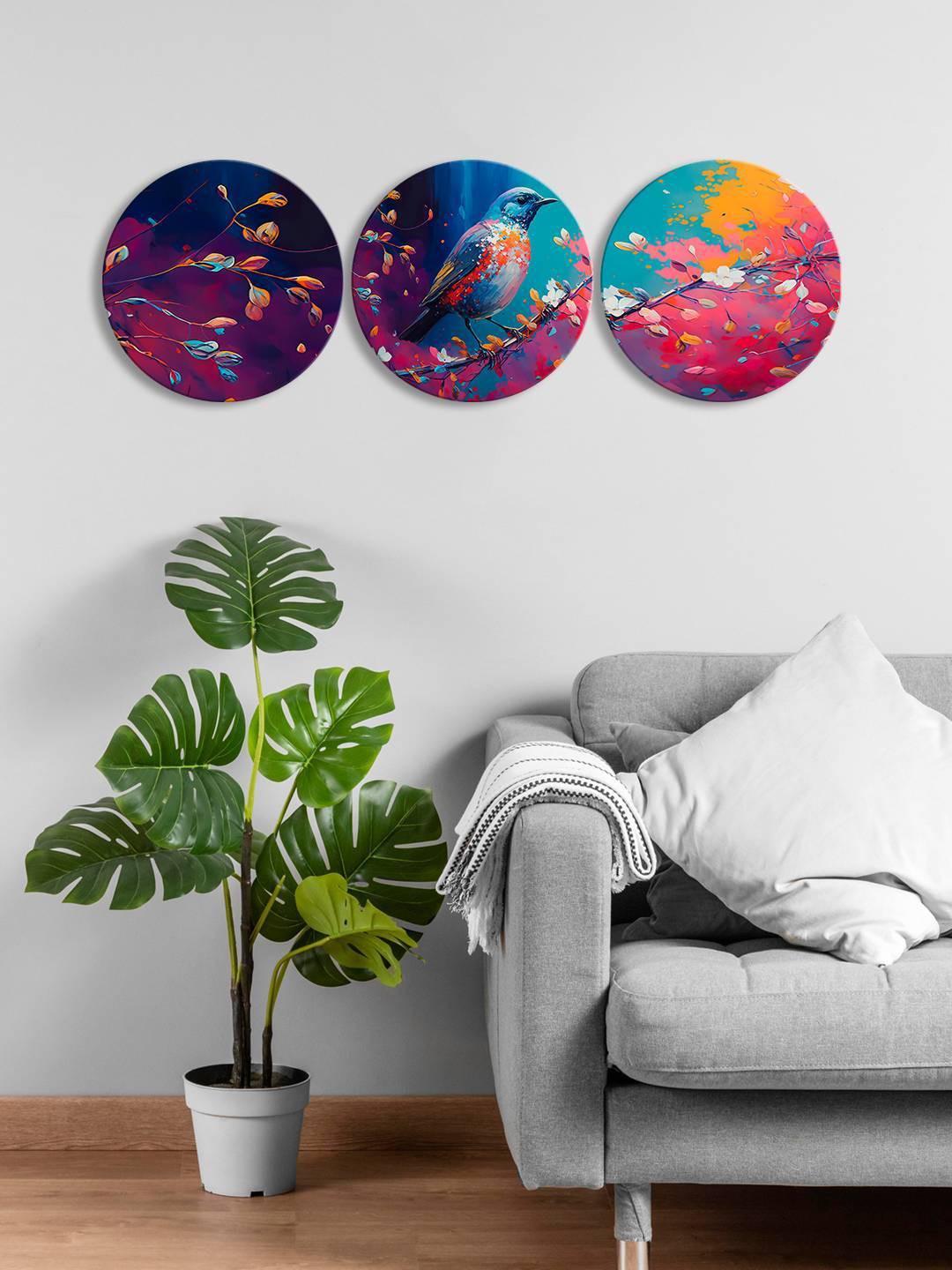 

999Store Purple & Blue 3 Pieces Round Painting Wall Art