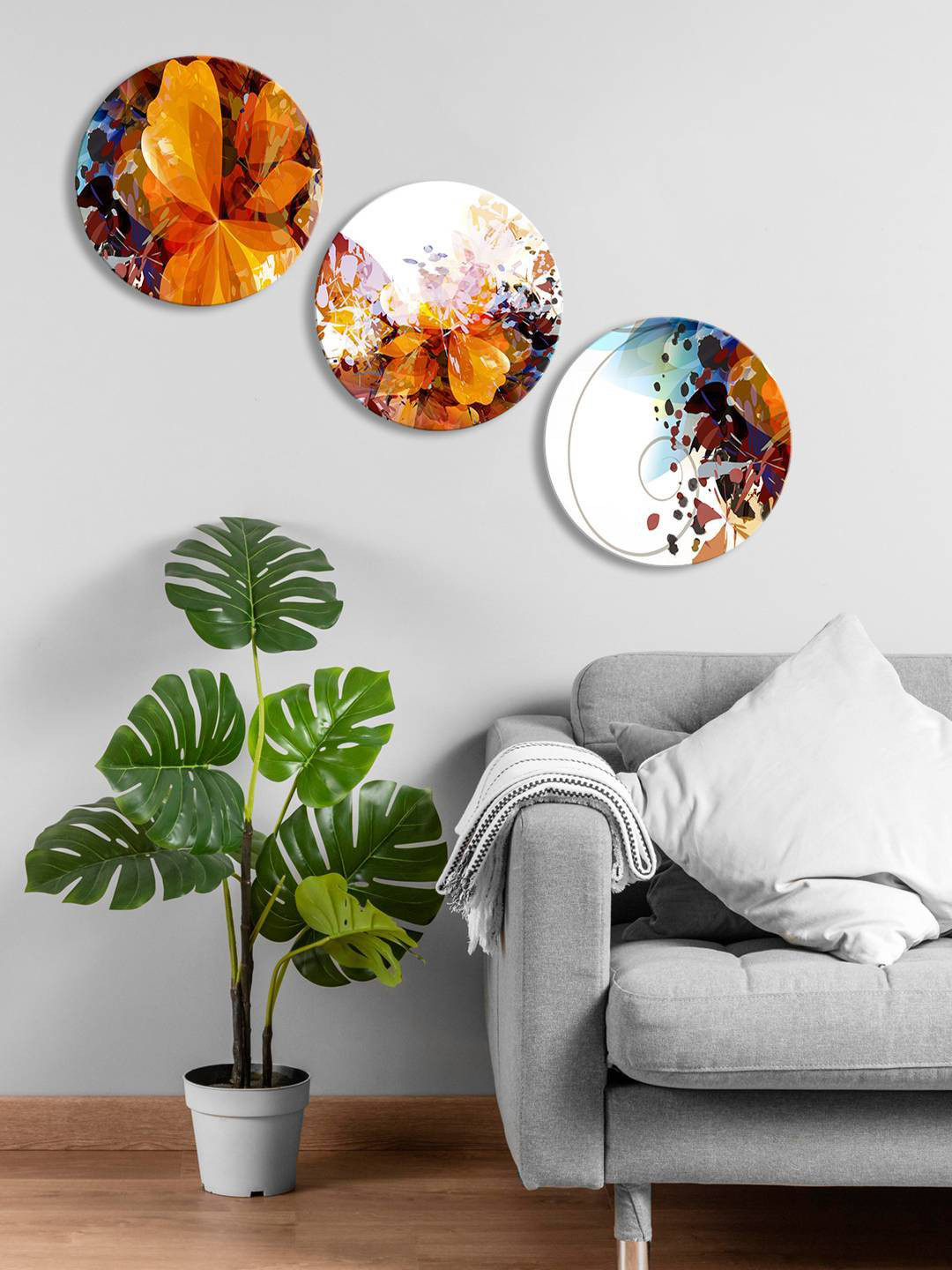 

999Store 3 Pieces Brown & White Round Abstract Painting Wall Art