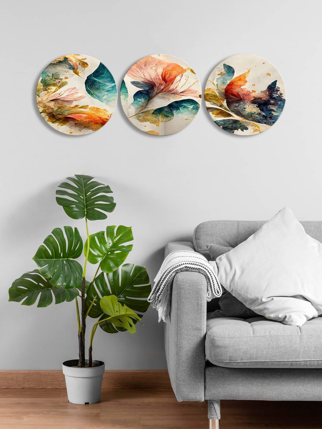 

999Store Beige & Green 3 Pieces Round Painting Wall Art
