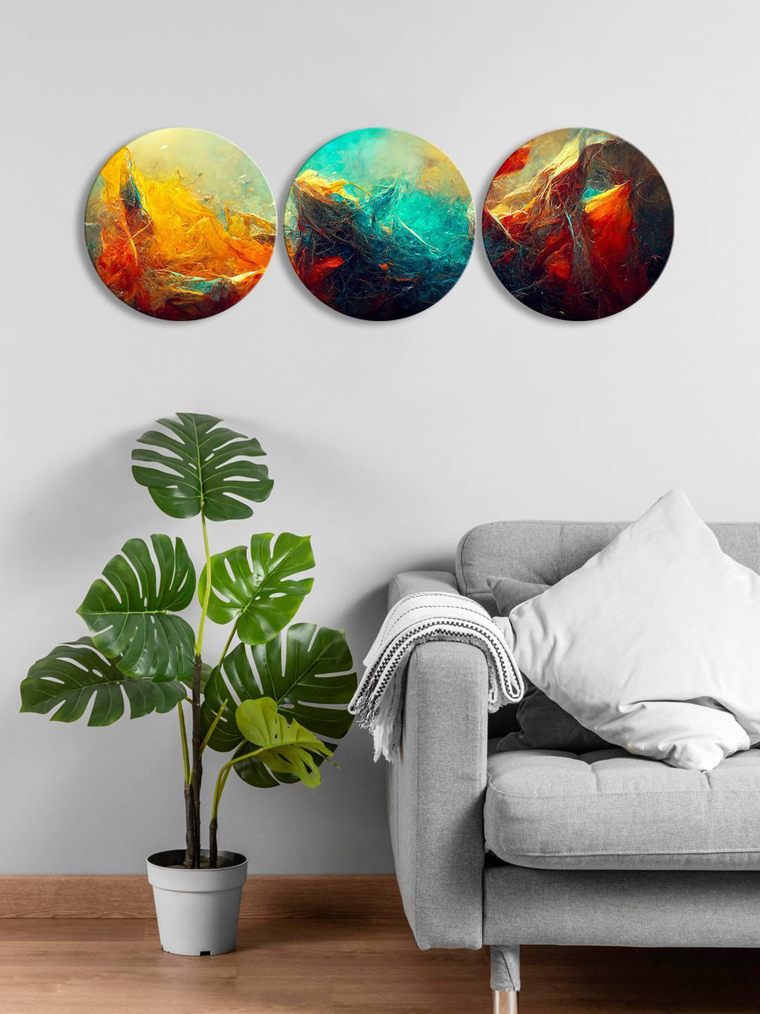 

999Store Yellow & Blue 3 Pieces Round Painting Wall Arts