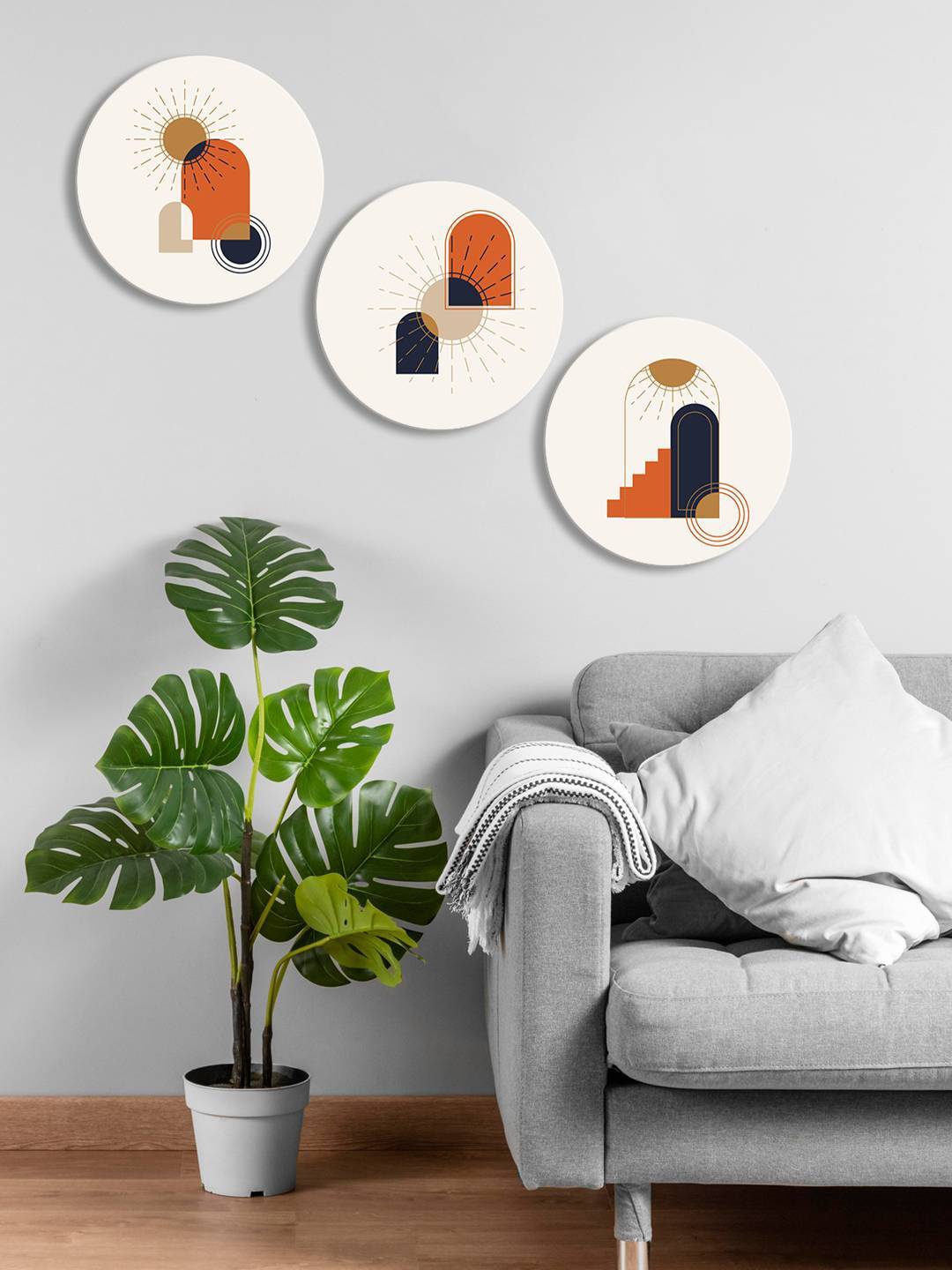 

999Store 3-Piece Off White & Brown Round Painting Wall Art