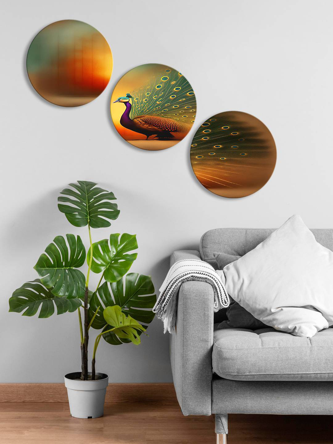 

999Store Brown & Green 3 Pieces Peacock Round Painting Wall Art